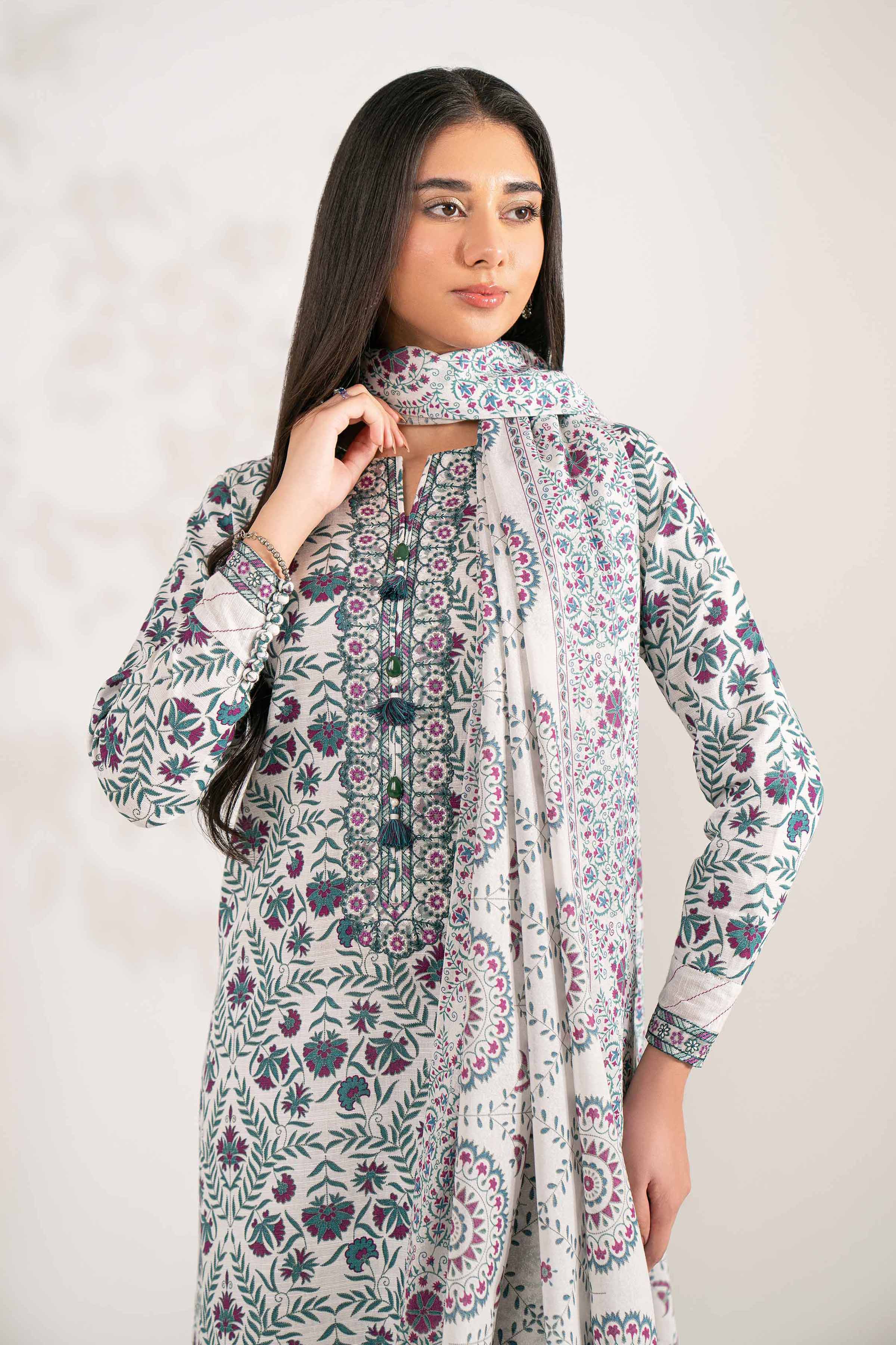 NISHATUAE - White Embroidered Khaddar 3-piece Unstitched Suit