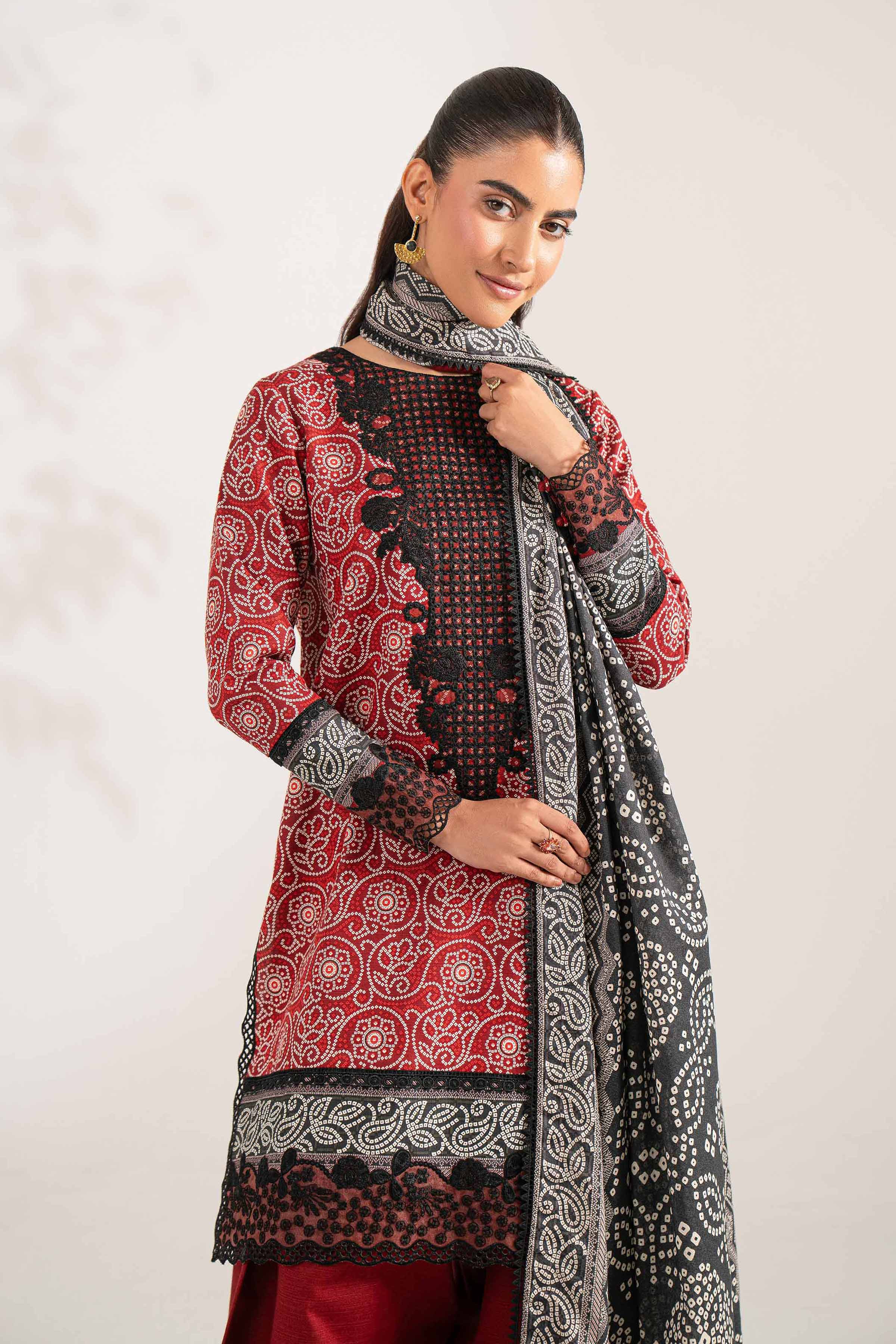 NISHATUAE - Black Embroidered Khaddar 3-piece Unstitched Suit