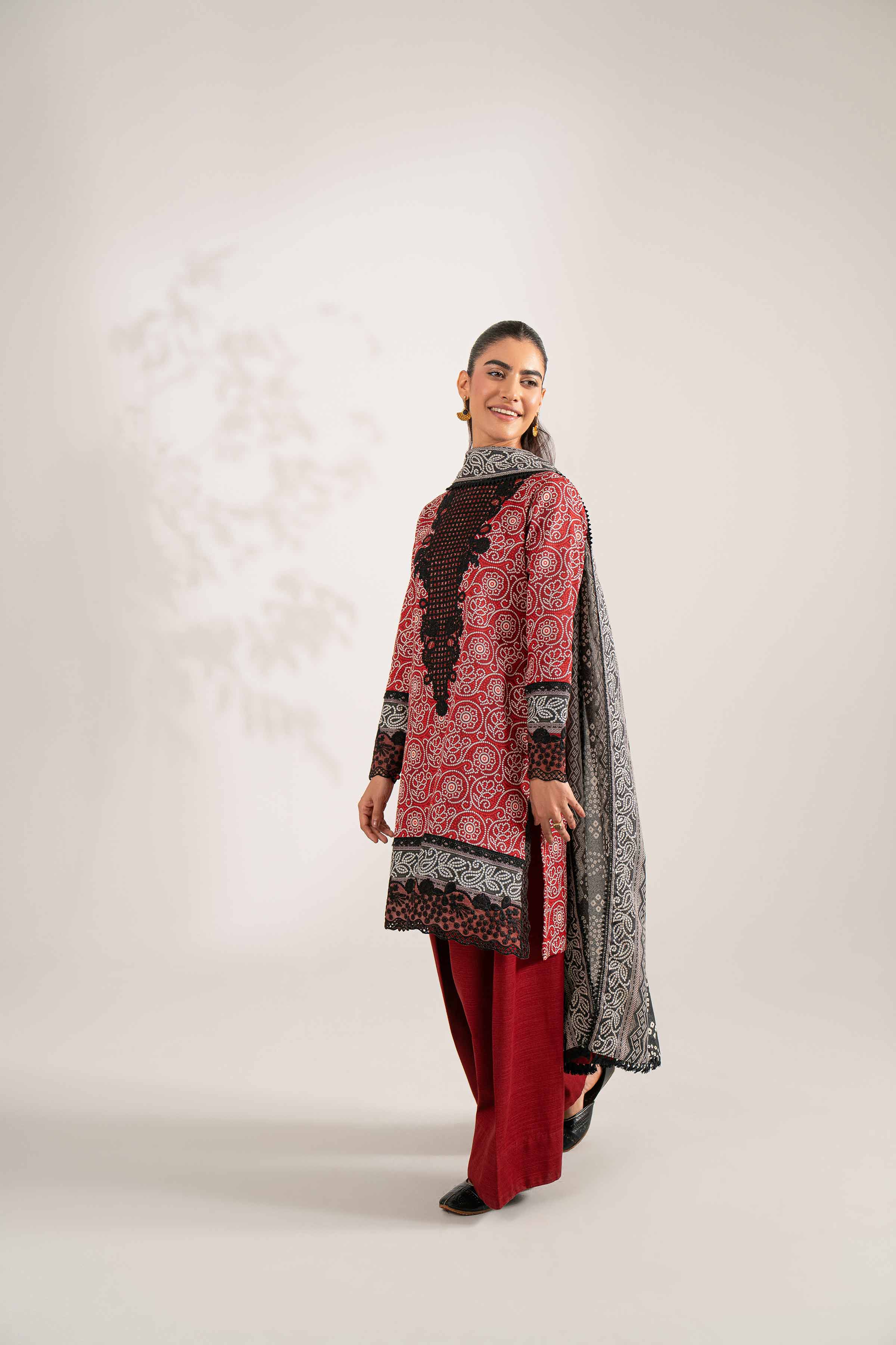 NISHATUAE - Black Embroidered Khaddar 3-piece Unstitched Suit