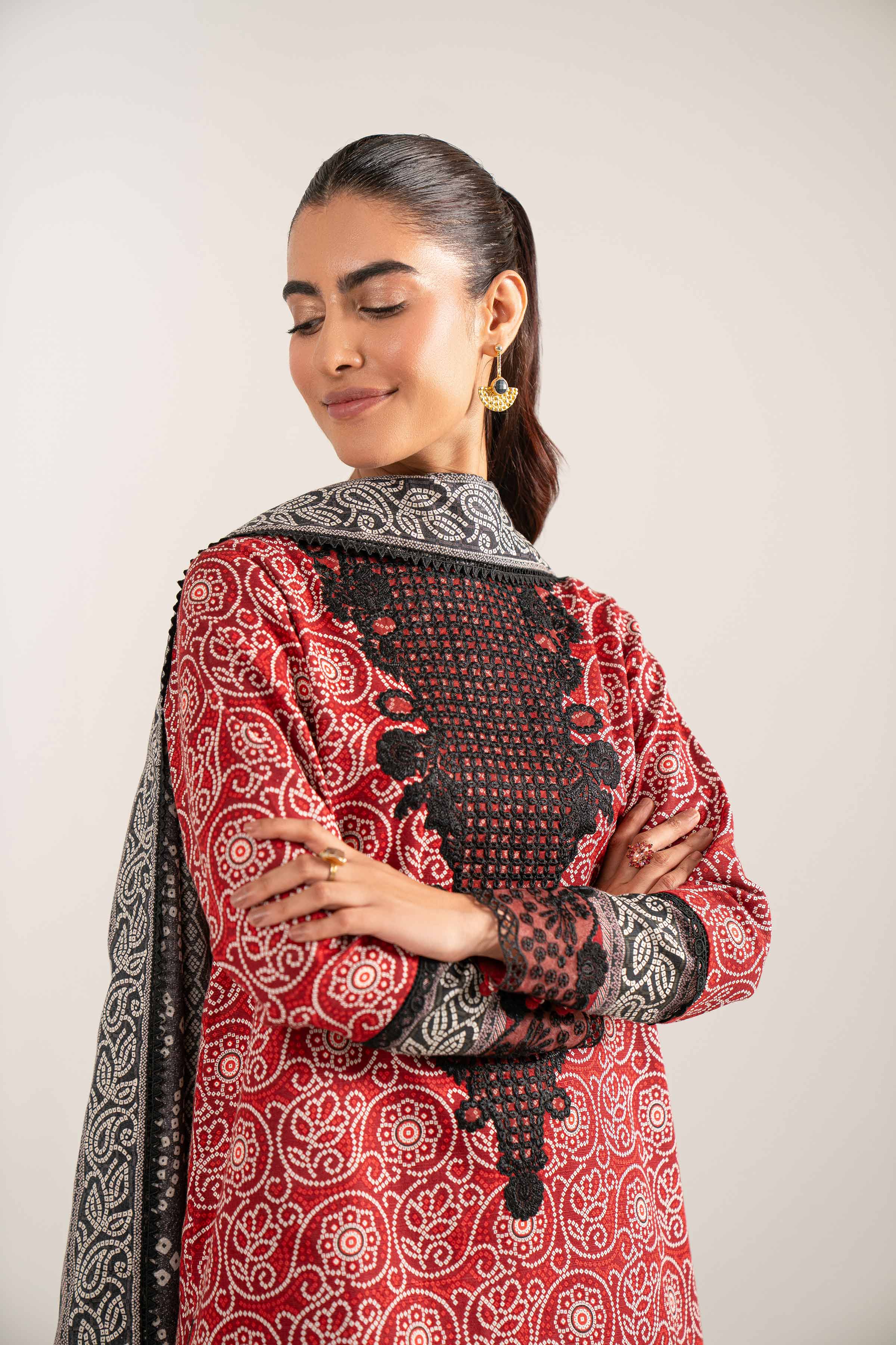 NISHATUAE - Black Embroidered Khaddar 3-piece Unstitched Suit