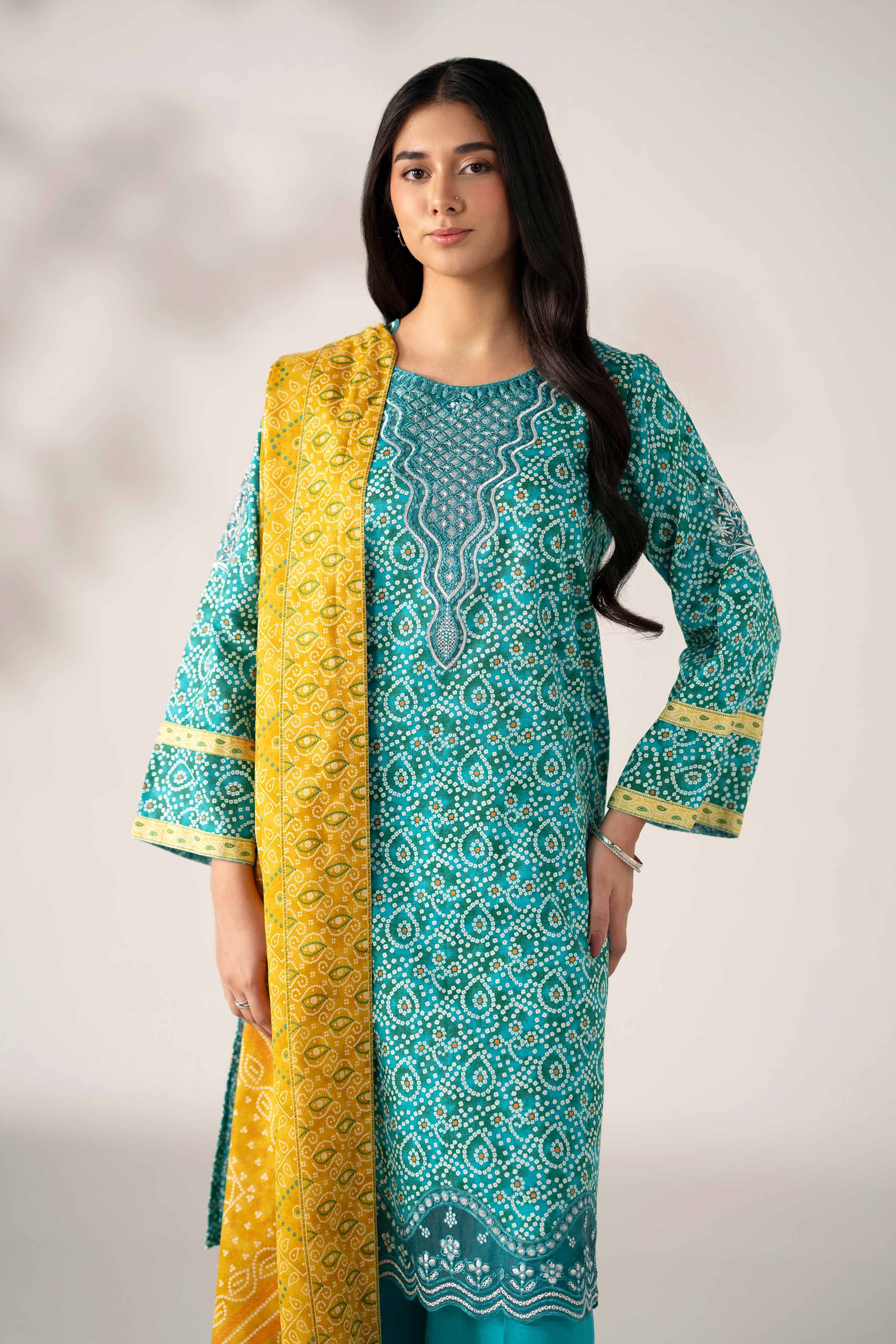 NISHATUAE - Teal Embroidered Khaddar 3-piece Unstitched Suit