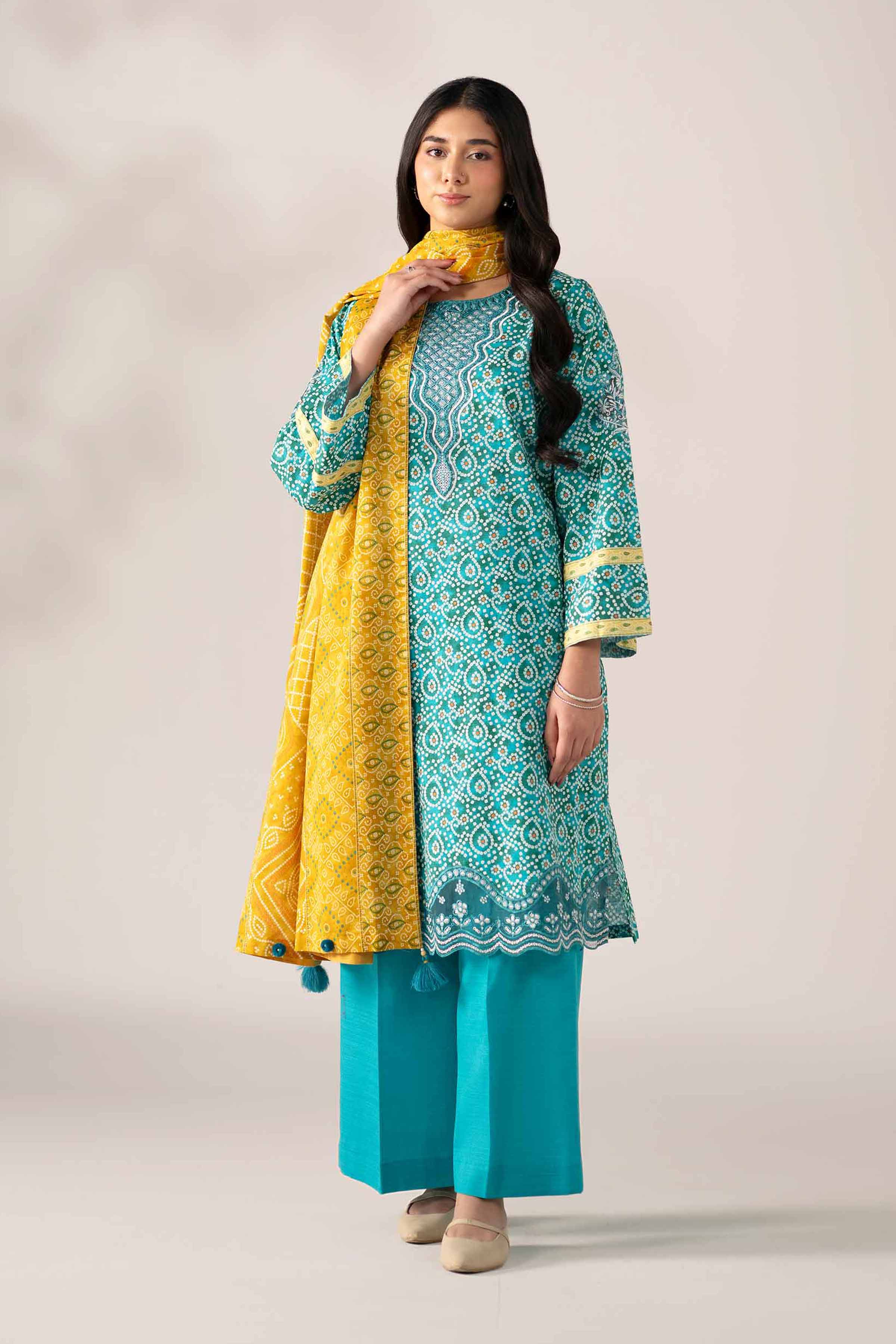 NISHATUAE - Teal Embroidered Khaddar 3-piece Unstitched Suit