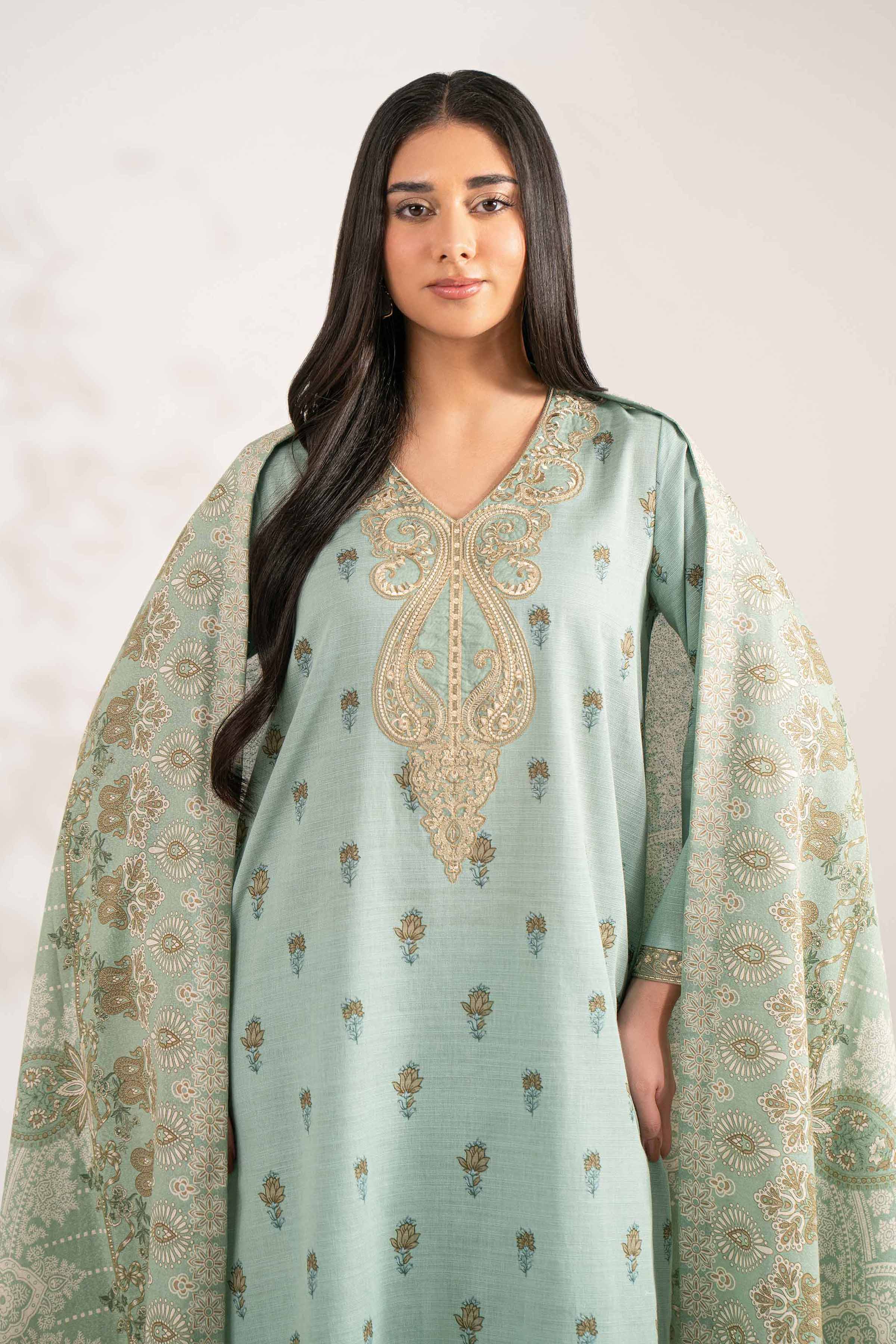 NISHATUAE - Green Embroidered Khaddar 3-piece Unstitched Suit