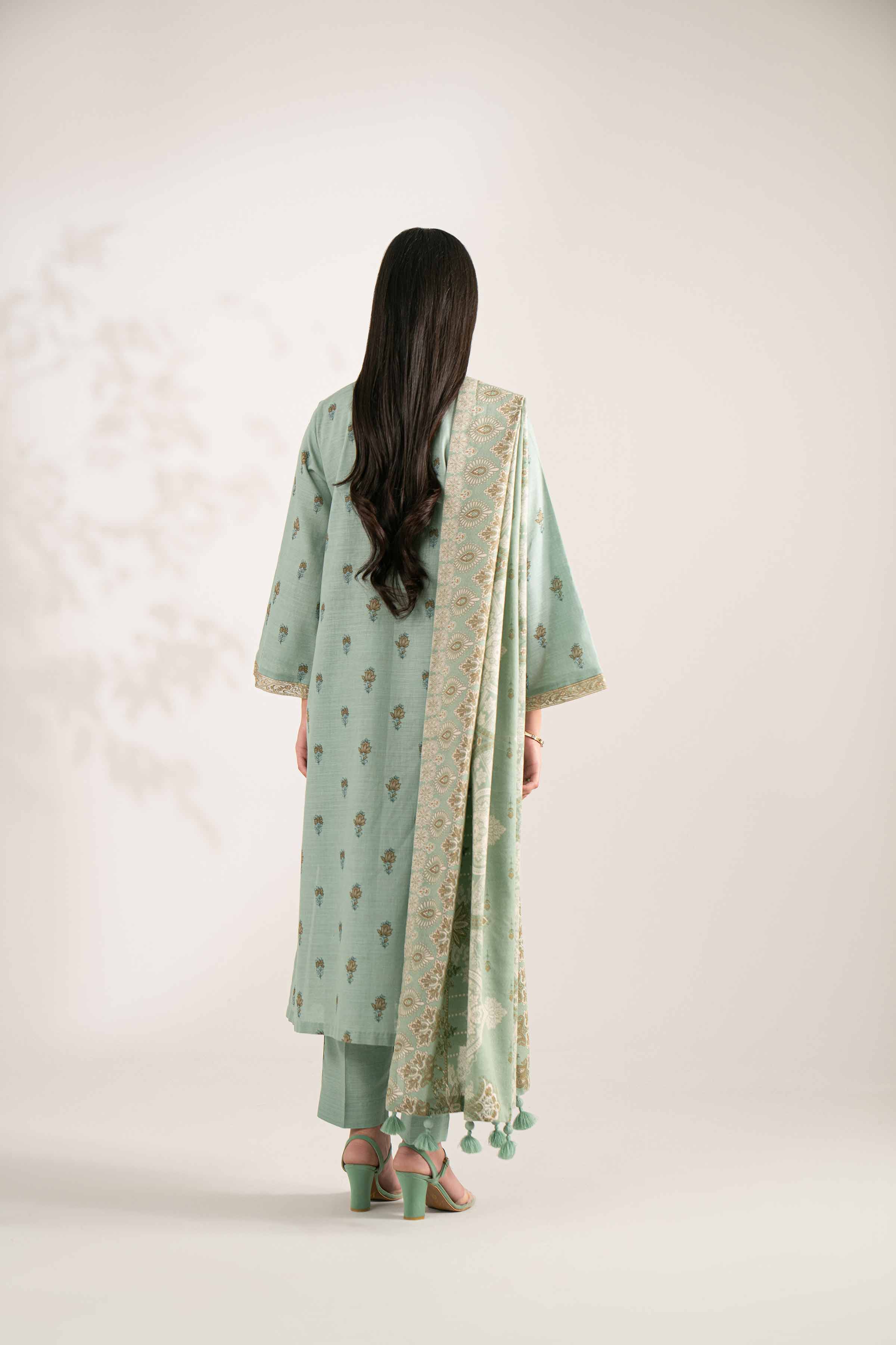 NISHATUAE - Green Embroidered Khaddar 3-piece Unstitched Suit