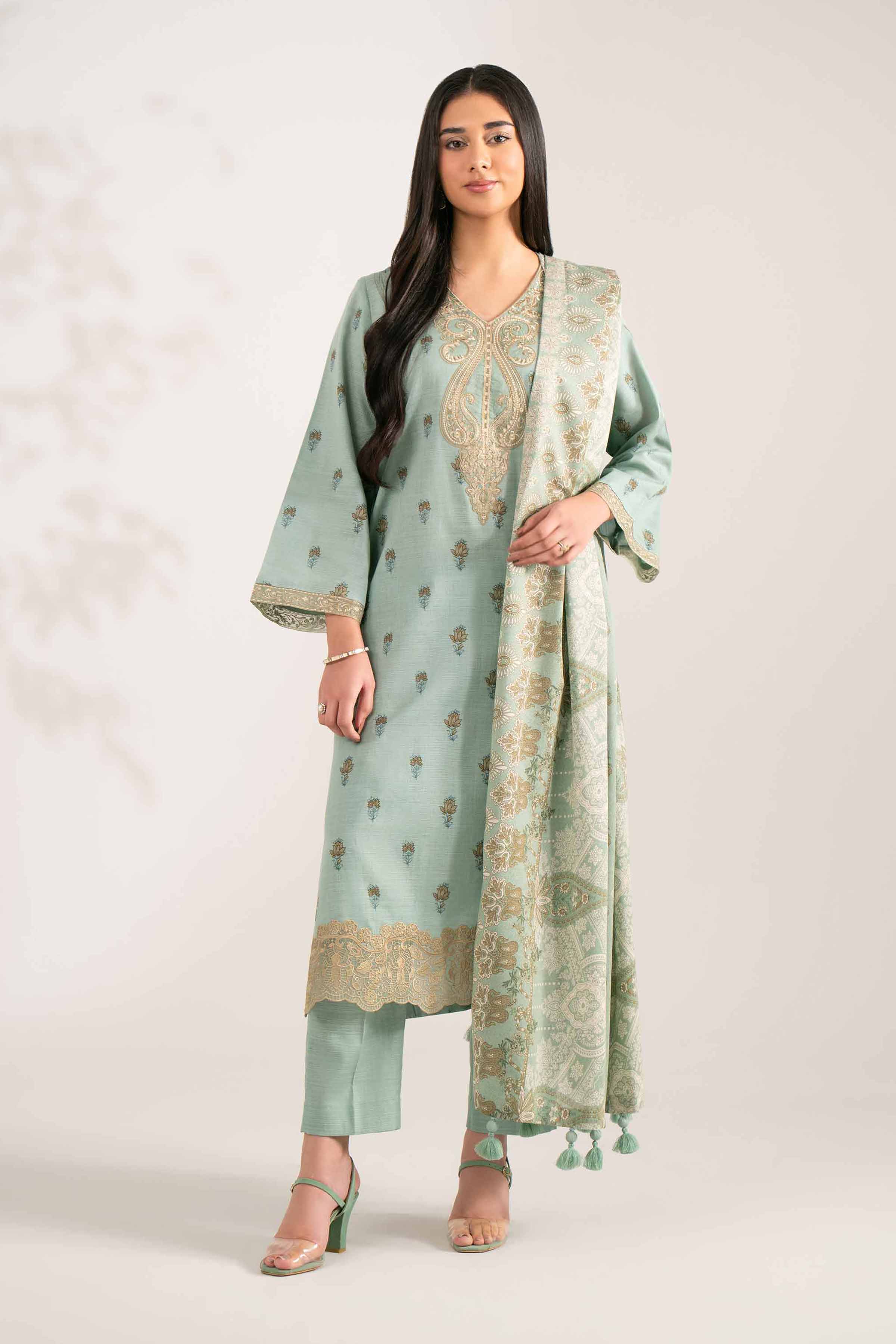 NISHATUAE - Green Embroidered Khaddar 3-piece Unstitched Suit
