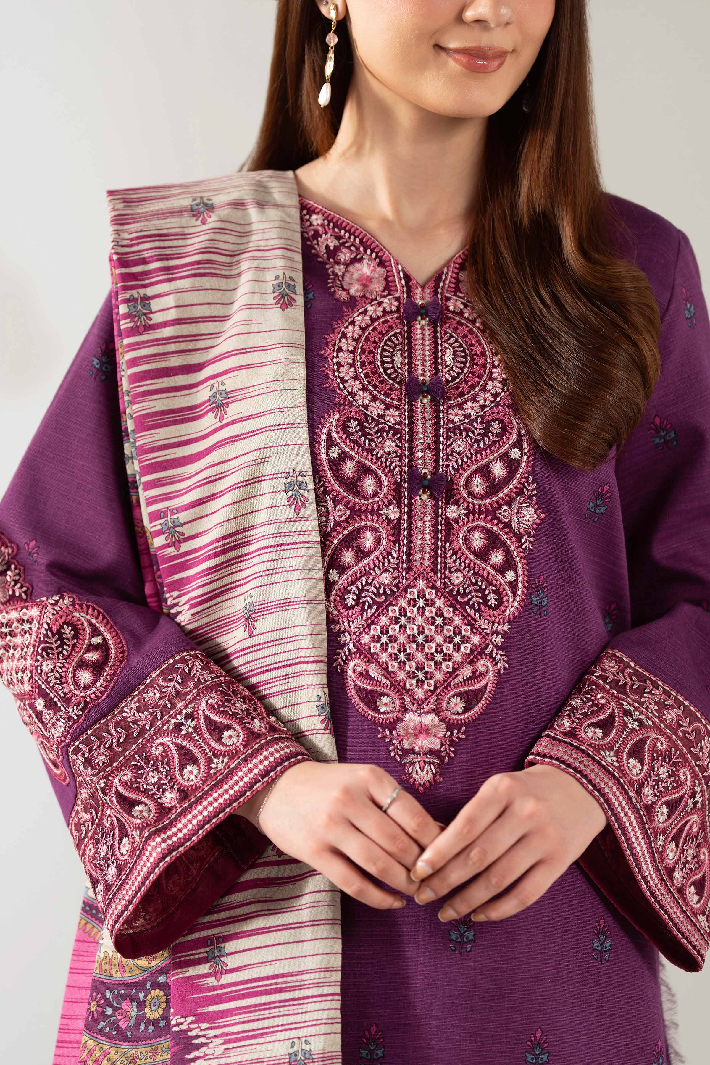NISHATUAE - Purple Embroidered Khaddar 3-piece Unstitched Suit