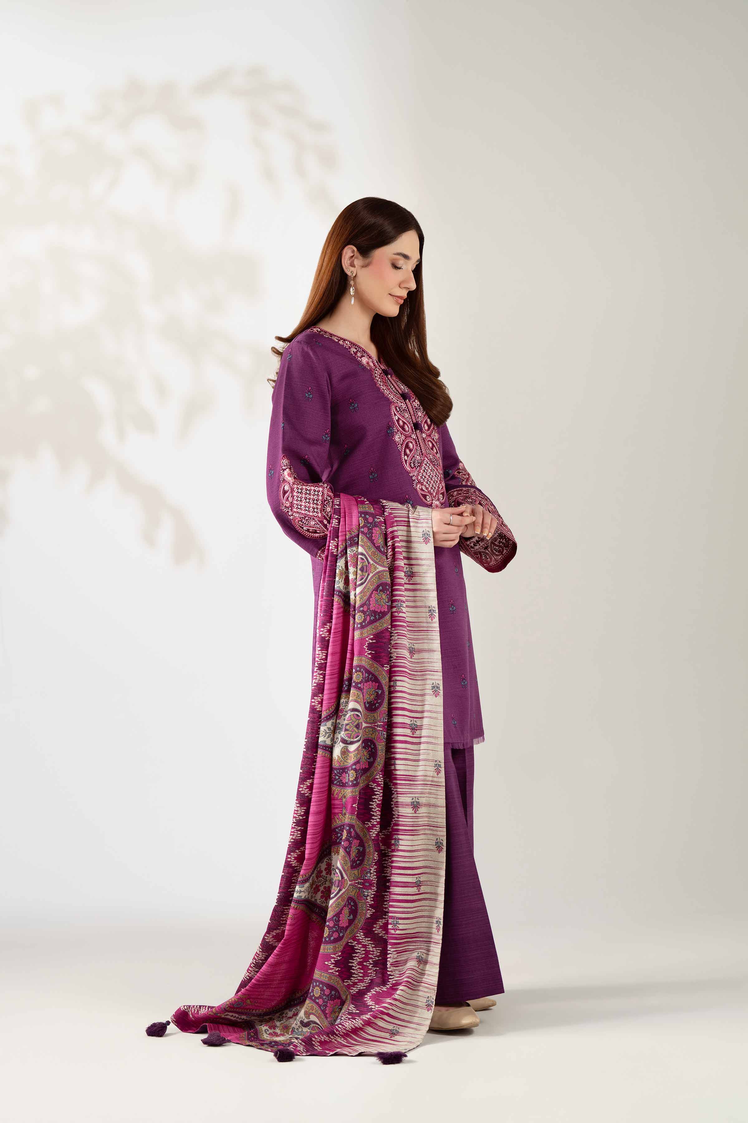 NISHATUAE - Purple Embroidered Khaddar 3-piece Unstitched Suit
