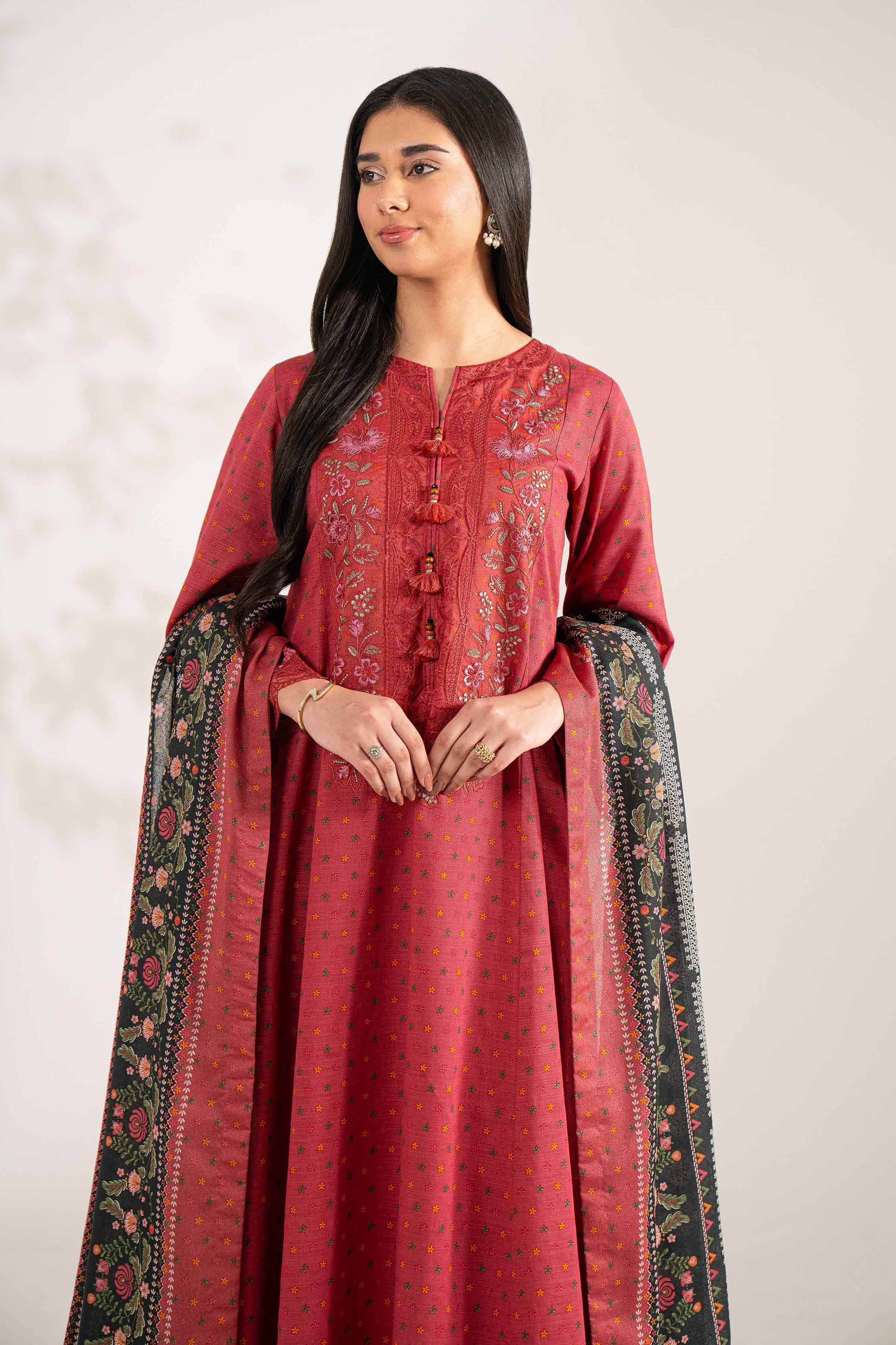 NISHATUAE - Rust Embroidered Khaddar 3-piece Unstitched Suit