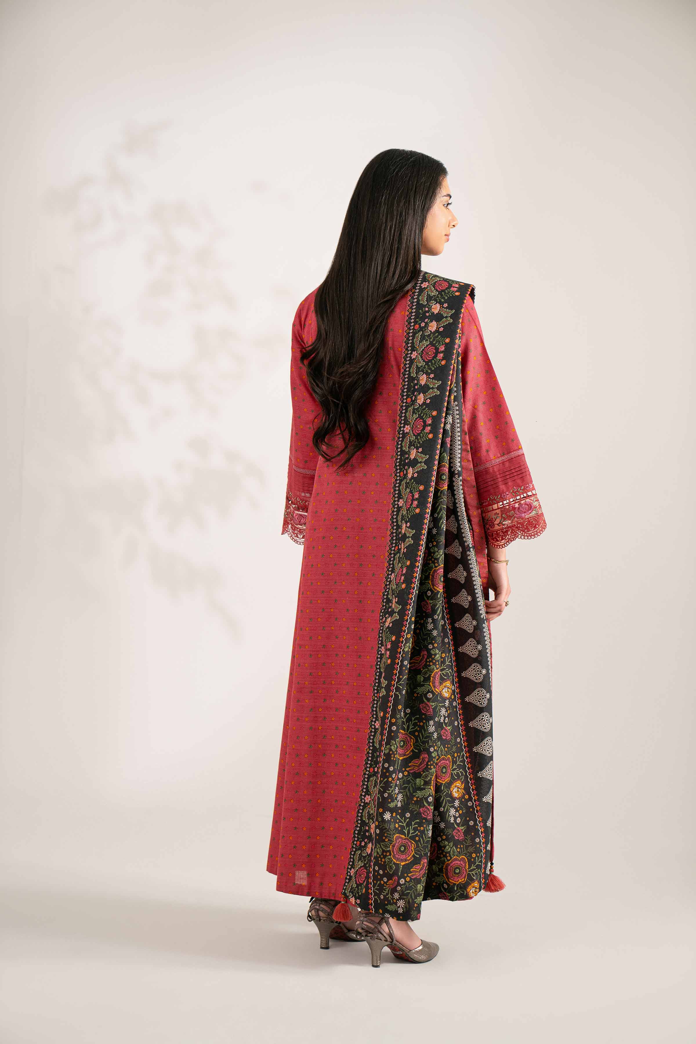 NISHATUAE - Rust Embroidered Khaddar 3-piece Unstitched Suit
