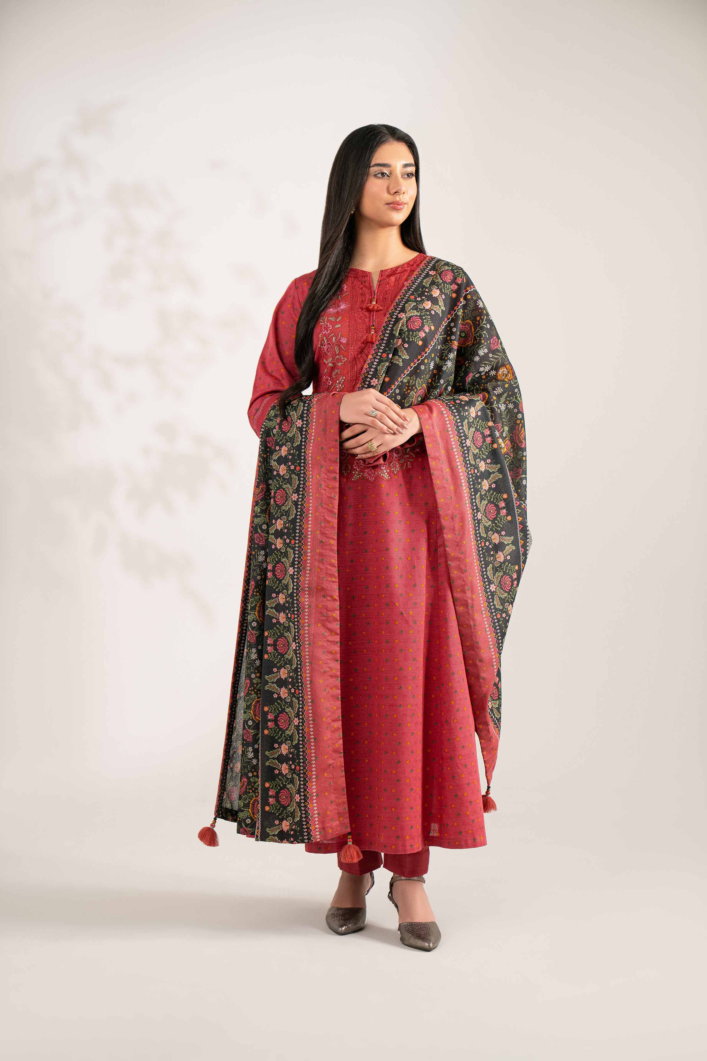 NISHATUAE - Rust Embroidered Khaddar 3-piece Unstitched Suit