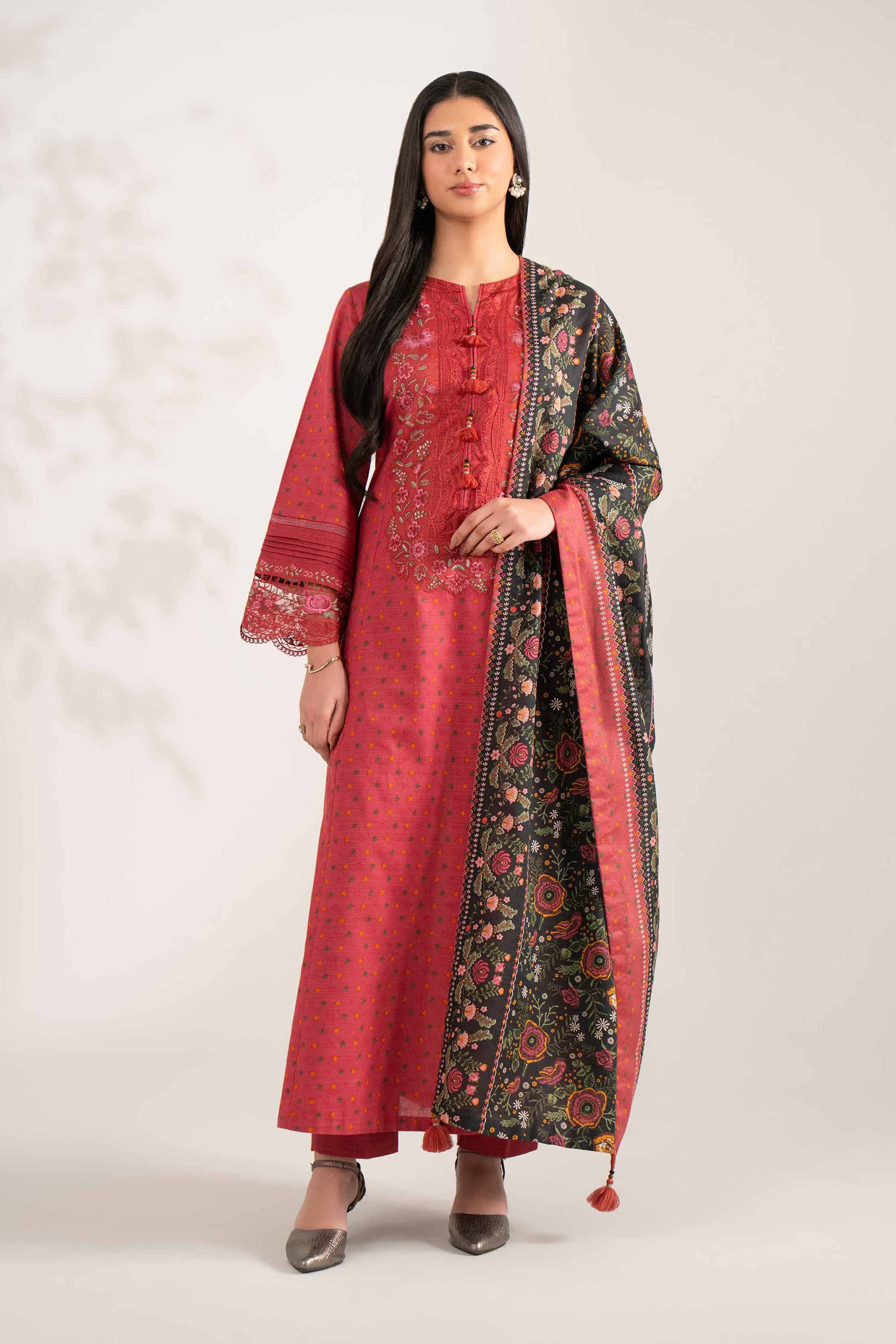 NISHATUAE - Rust Embroidered Khaddar 3-piece Unstitched Suit