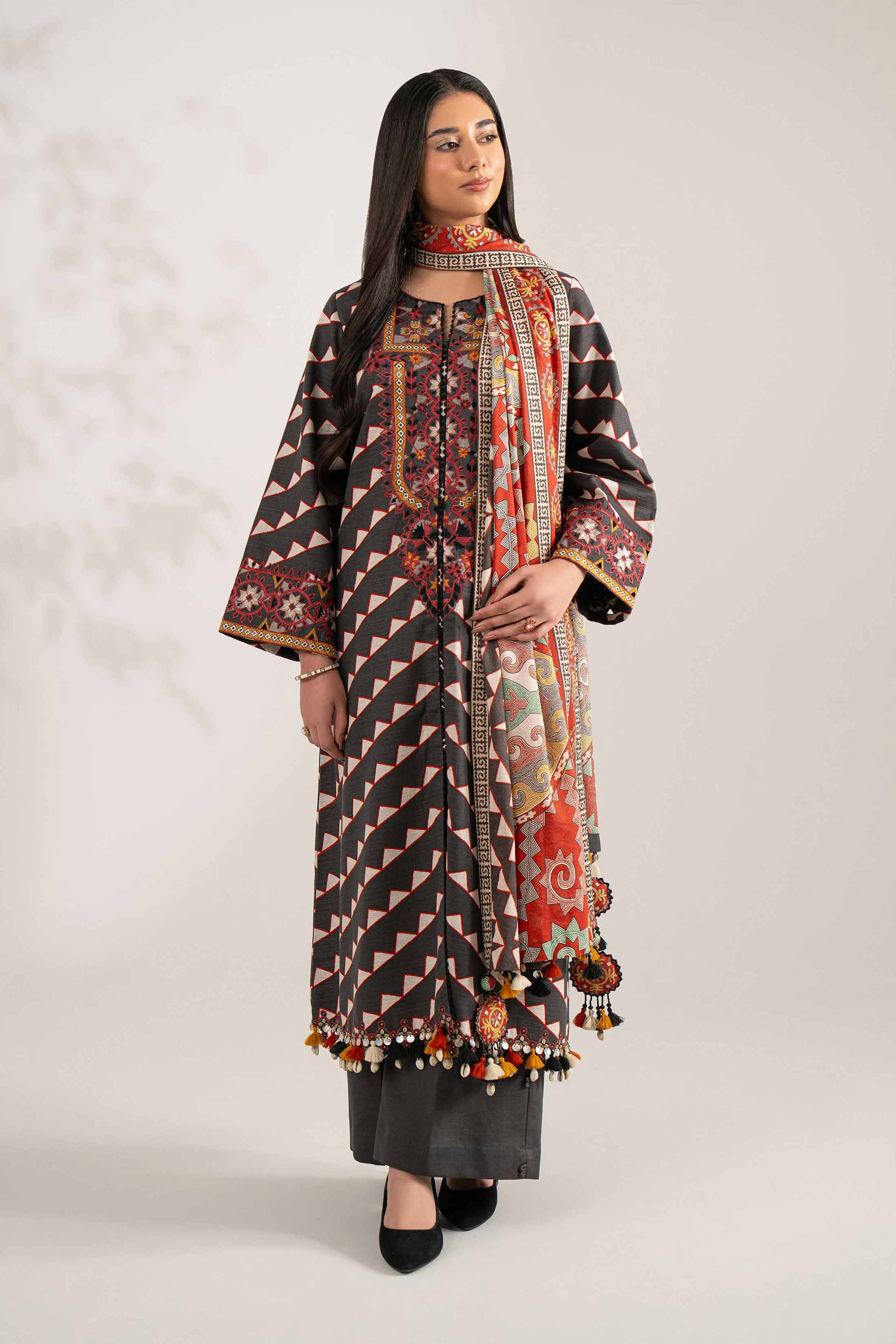 NISHATUAE - Black Embroidered Khaddar 3-piece Unstitched Suit