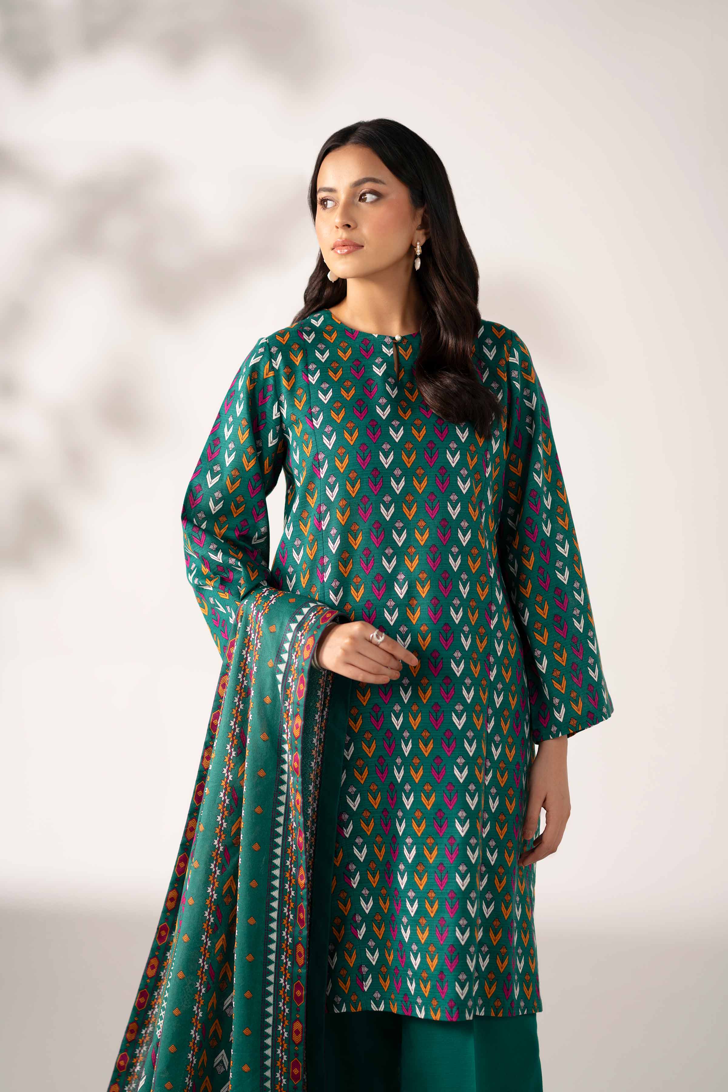 NISHATUAE - Green Printed Khaddar 3-piece Unstitched Suit
