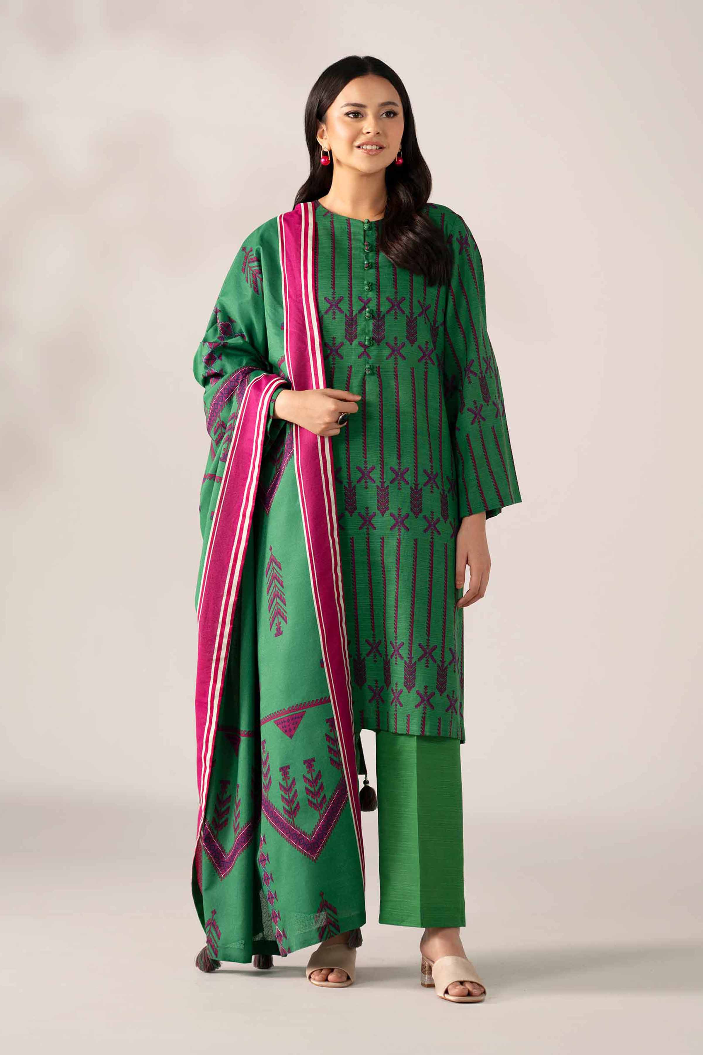 NISHATUAE - Green Printed Khaddar 3-piece Unstitched Suit