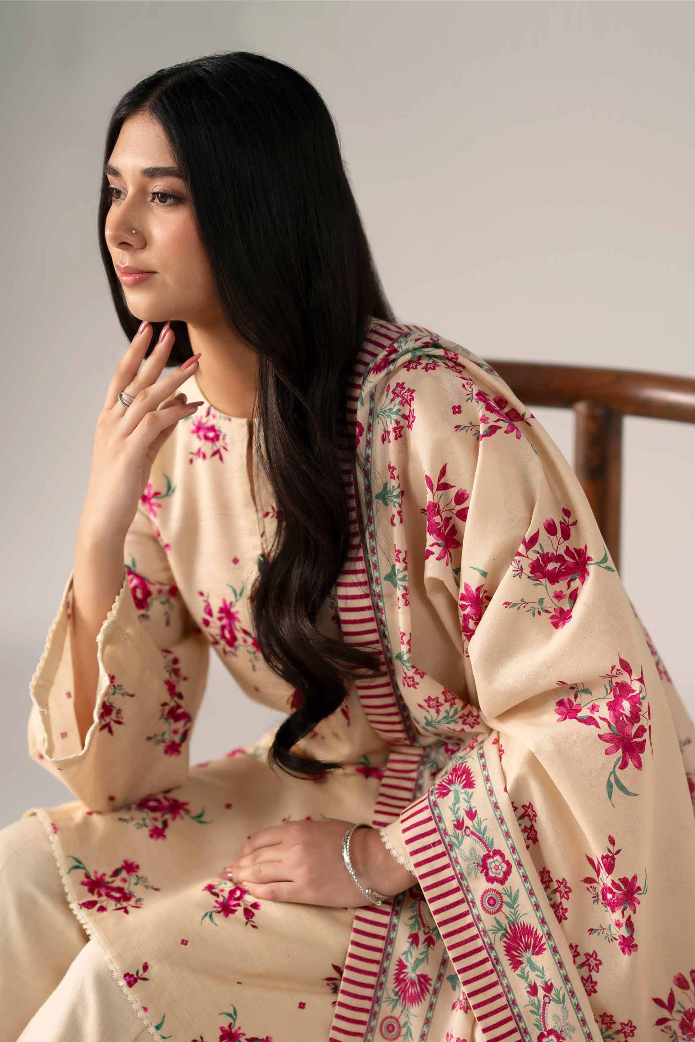 NISHATUAE - Beige Printed Khaddar 3-piece Unstitched Suit