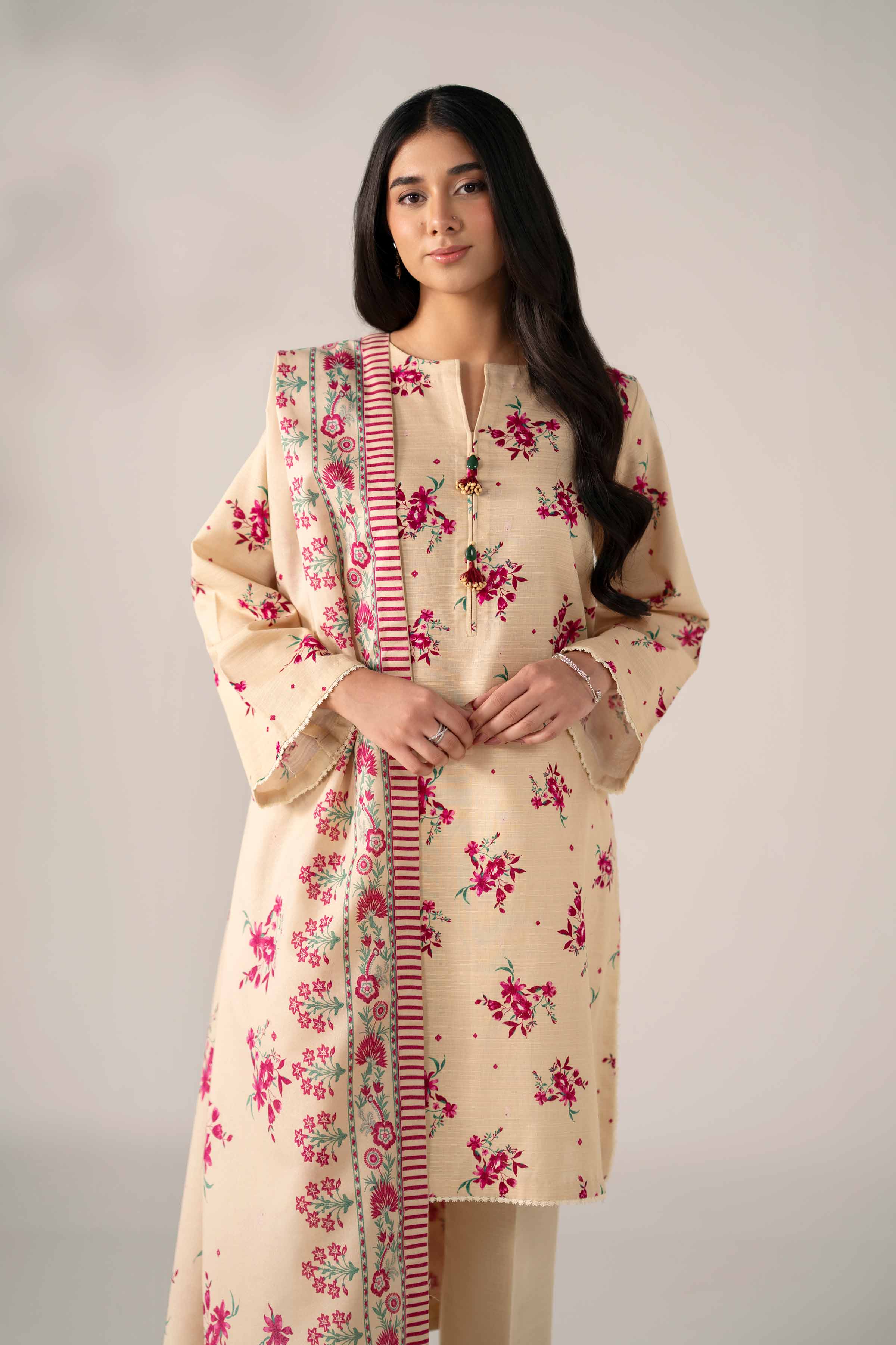 NISHATUAE - Beige Printed Khaddar 3-piece Unstitched Suit