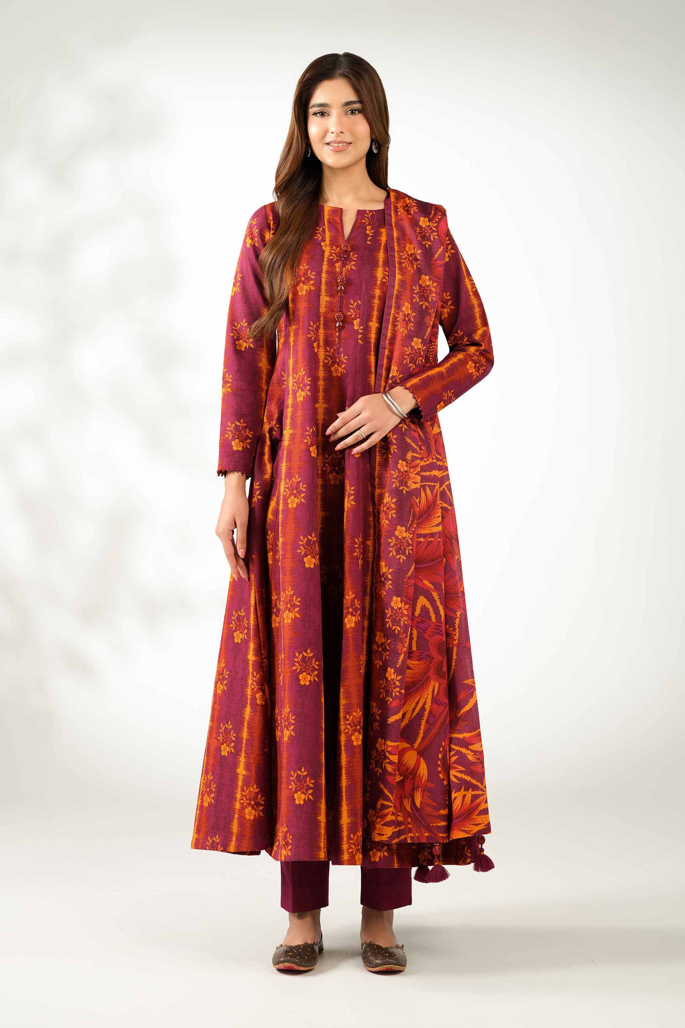 NISHATUAE - Burgundy Printed Khaddar 3-piece Unstitched Suit