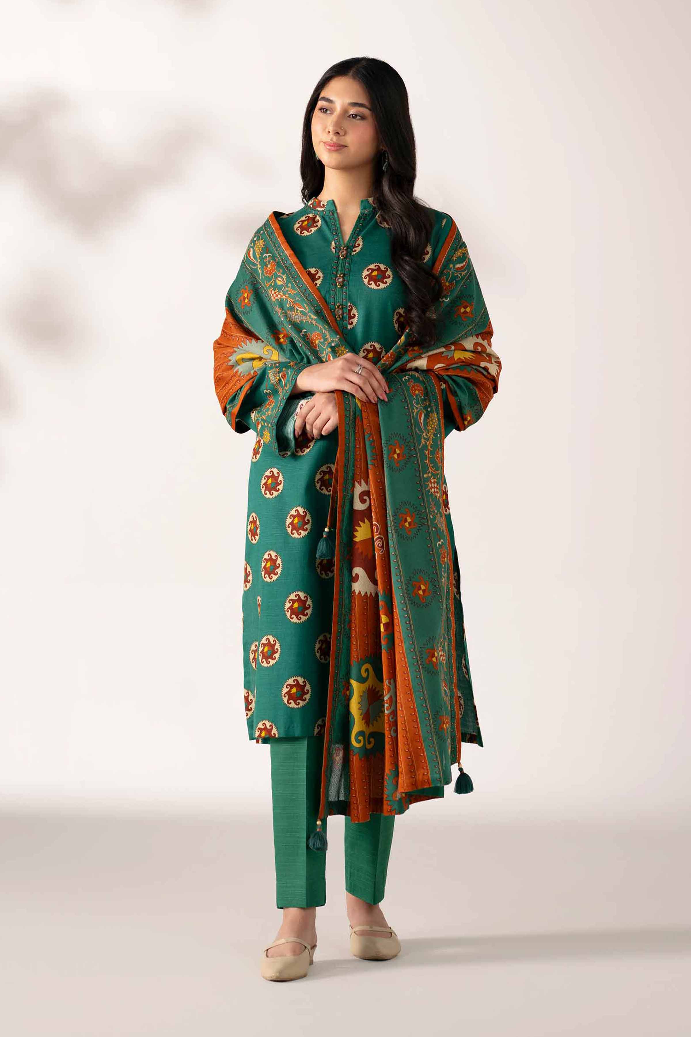 NISHATUAE - Green Printed Khaddar 3-piece Unstitched Suit