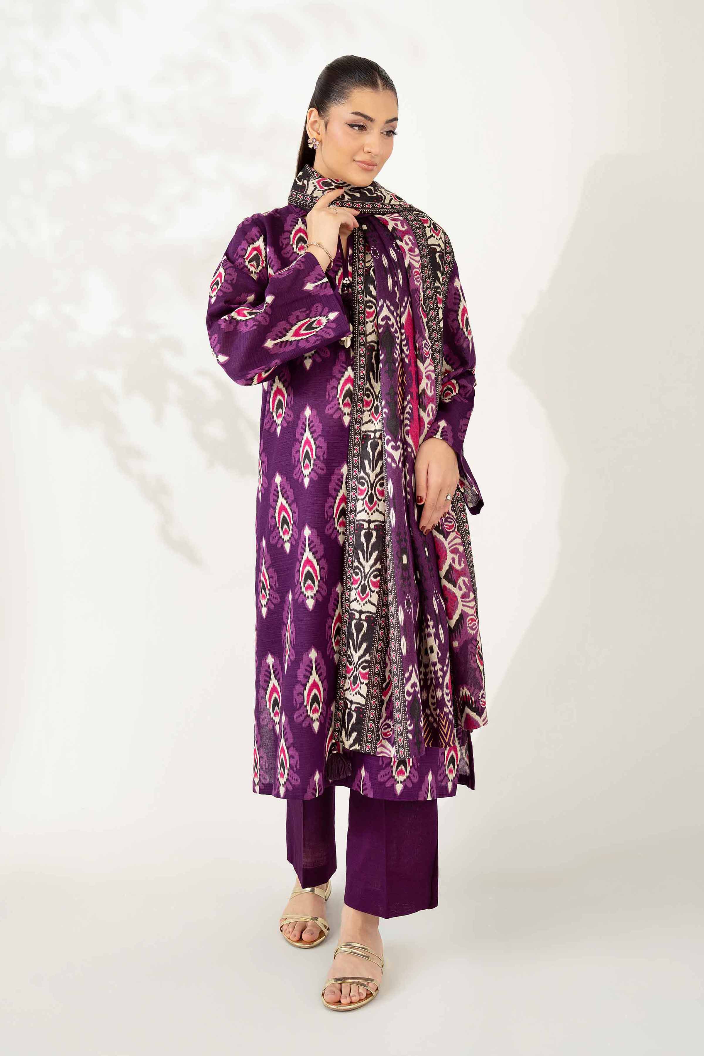 NISHATUAE - Purple Printed Khaddar 3-piece Unstitched Suit