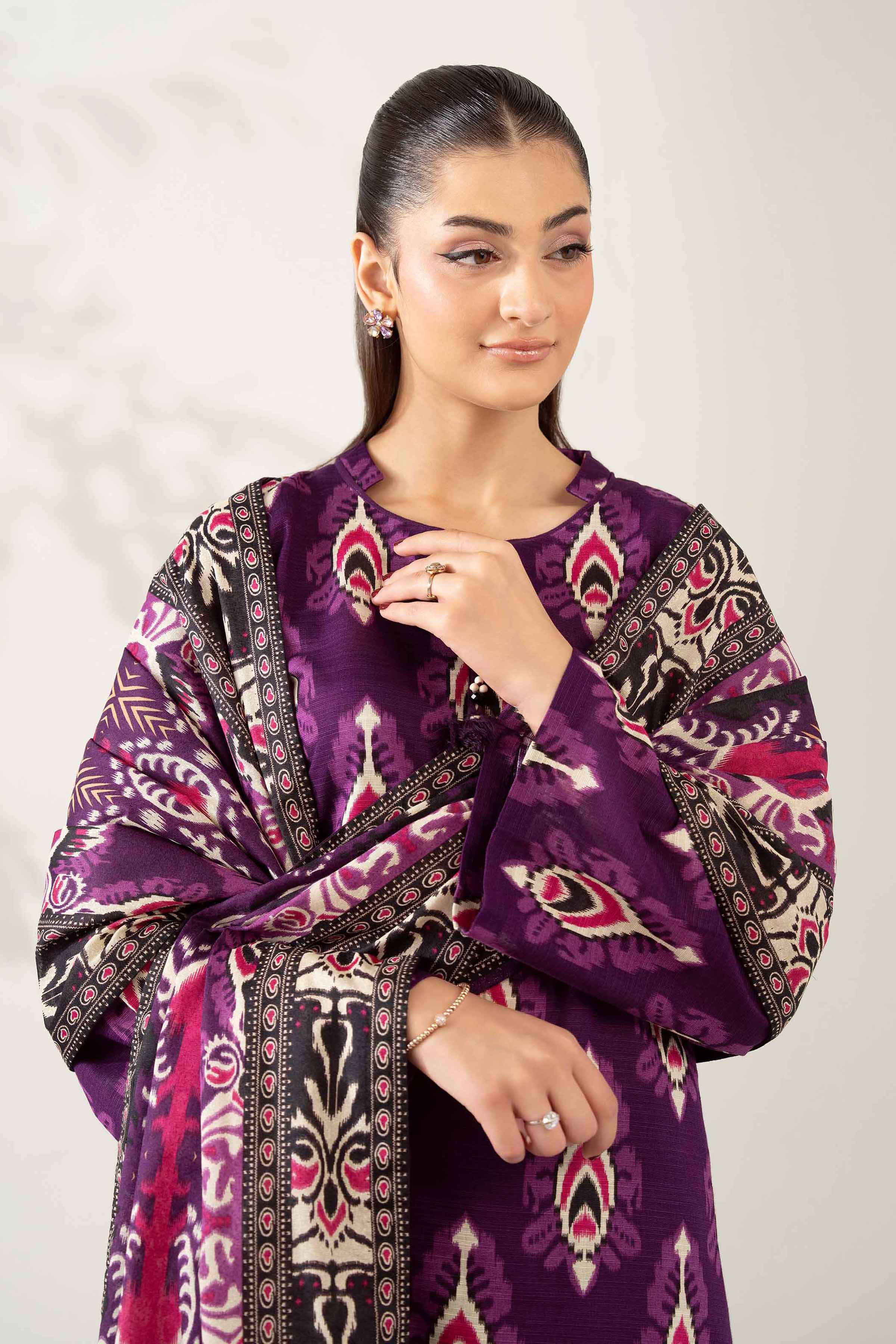 NISHATUAE - Purple Printed Khaddar 3-piece Unstitched Suit