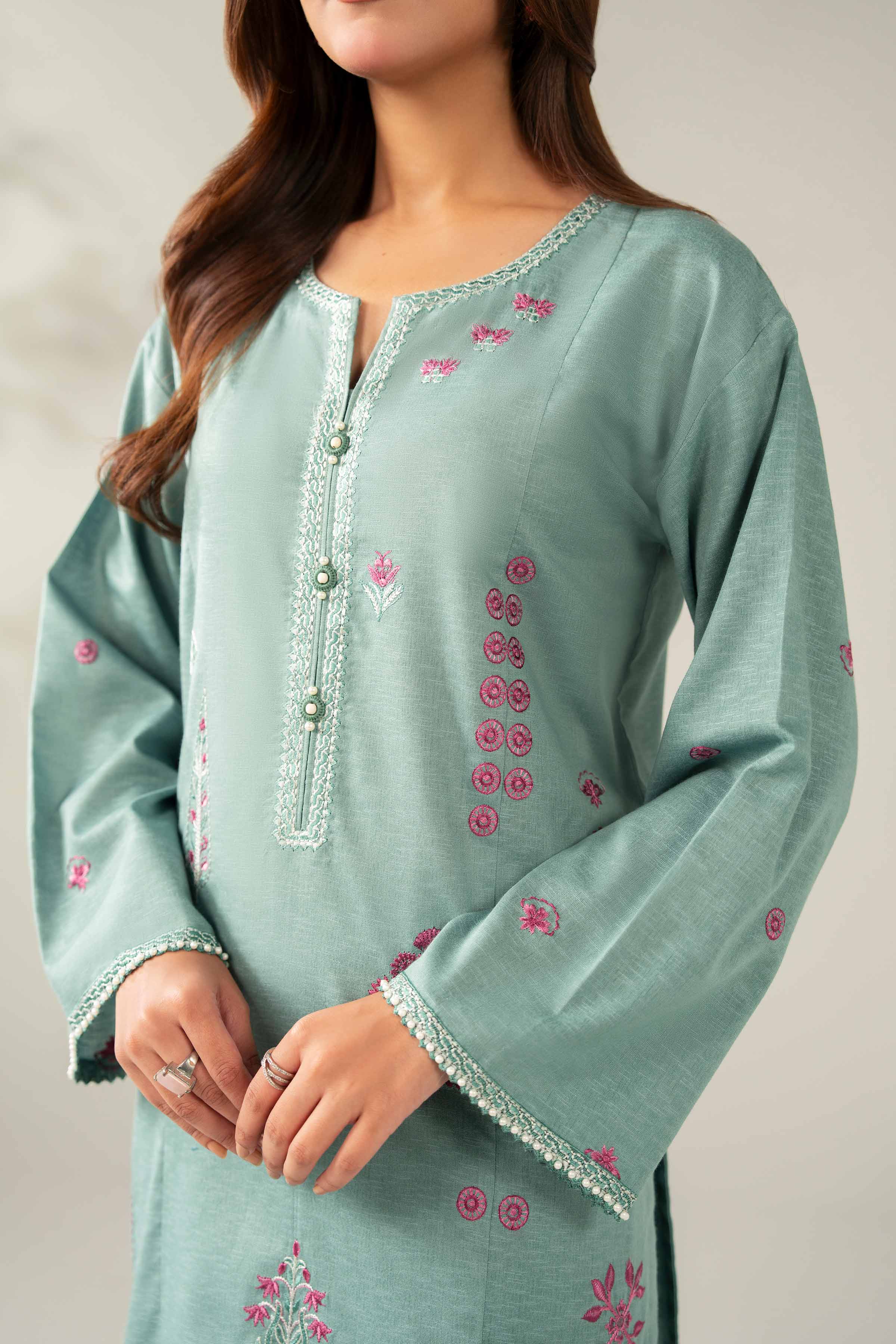 NISHATUAE - Green Embroidered Karandi 3-piece Unstitched Suit