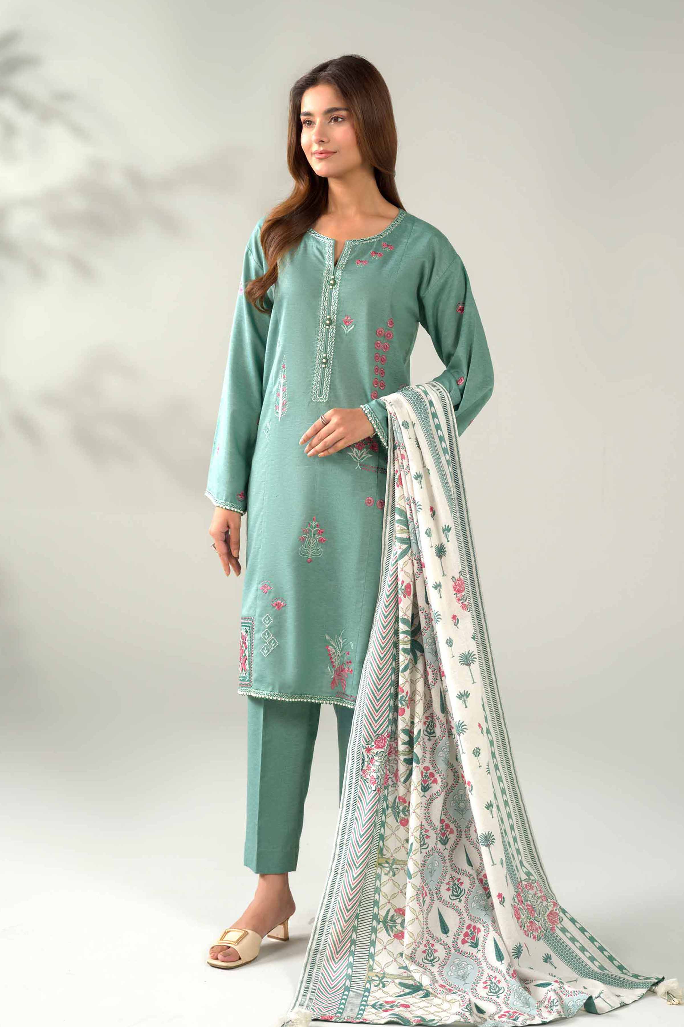 NISHATUAE - Green Embroidered Karandi 3-piece Unstitched Suit