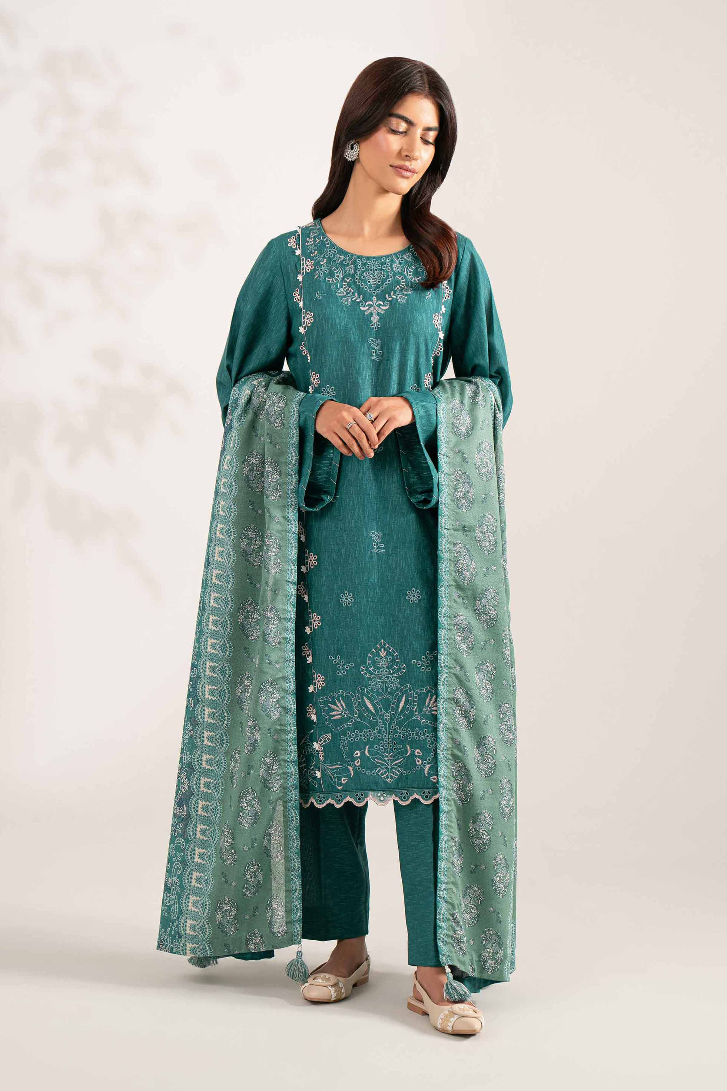 NISHATUAE - Teal Embroidered Karandi 3-piece Unstitched Suit