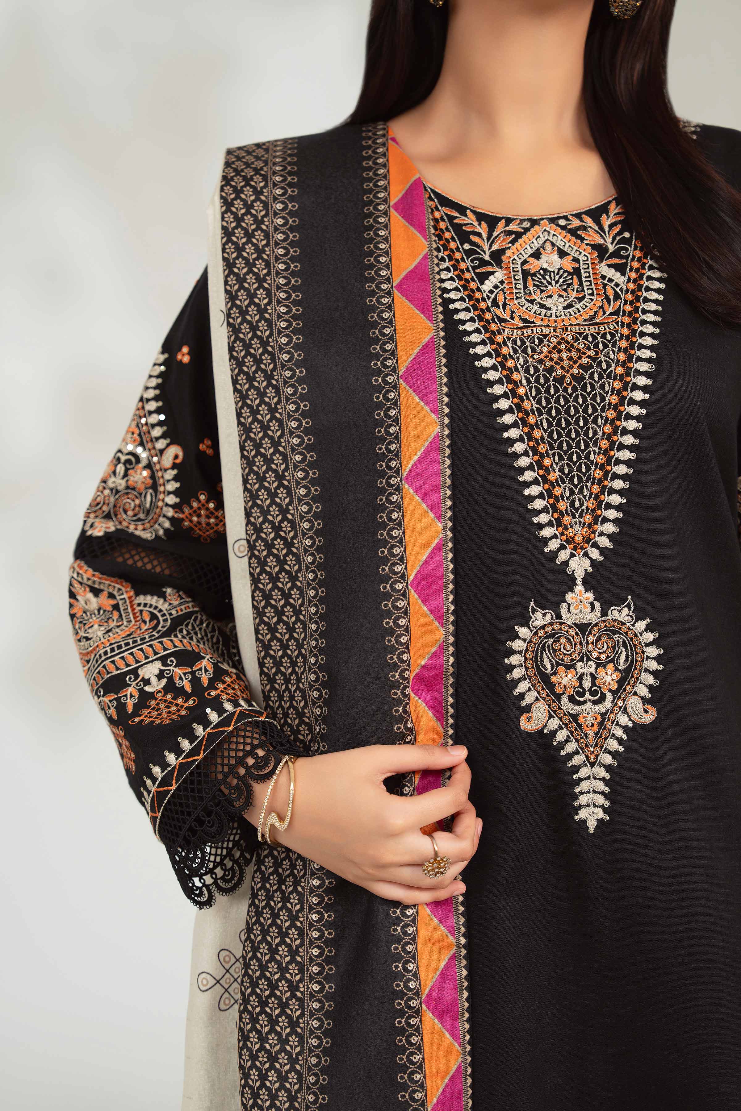 NISHATUAE - Black Embroidered Karandi 3-piece Unstitched Suit