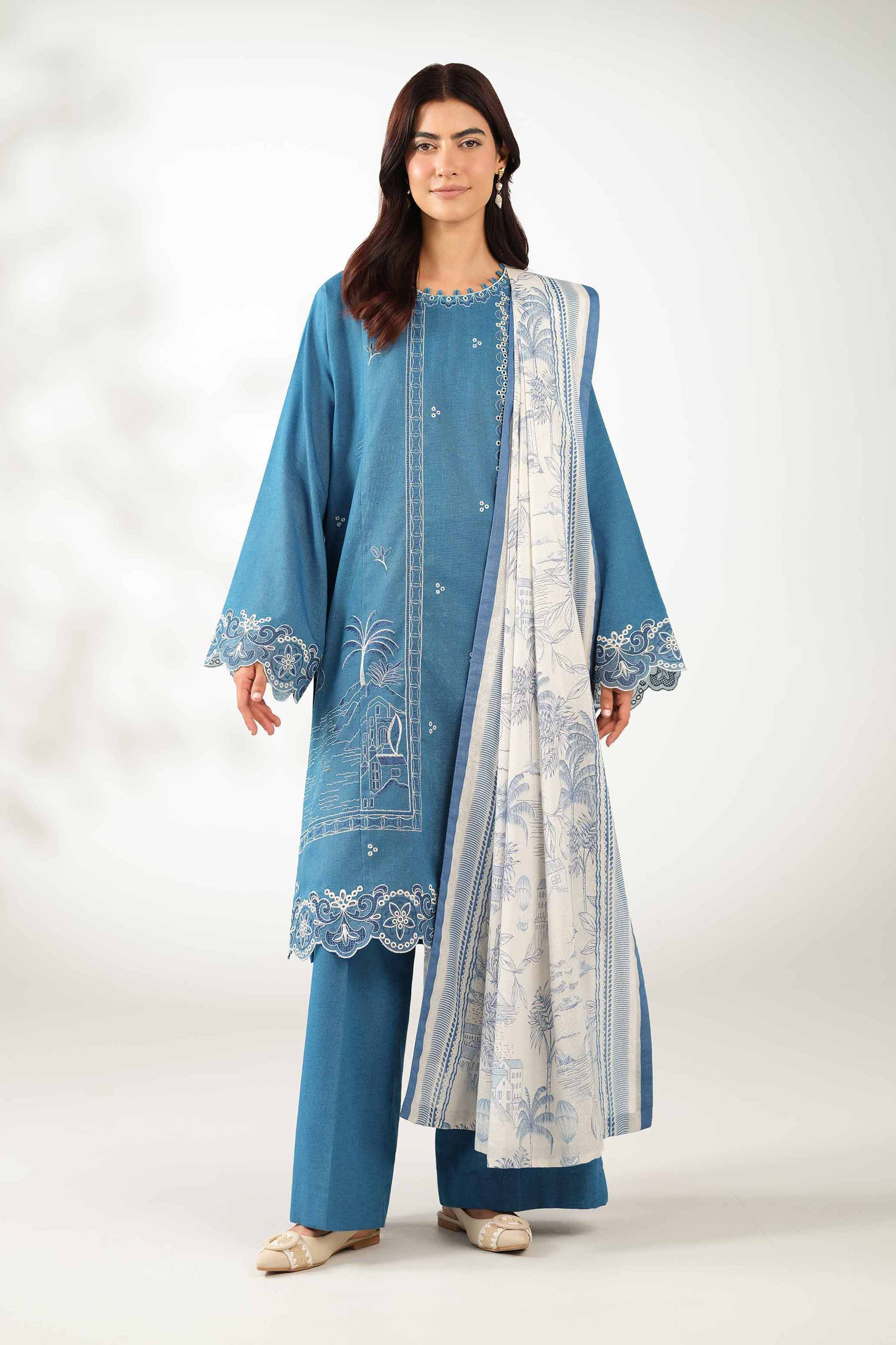 NISHATUAE - Blue Embroidered Karandi 3-piece Unstitched Suit