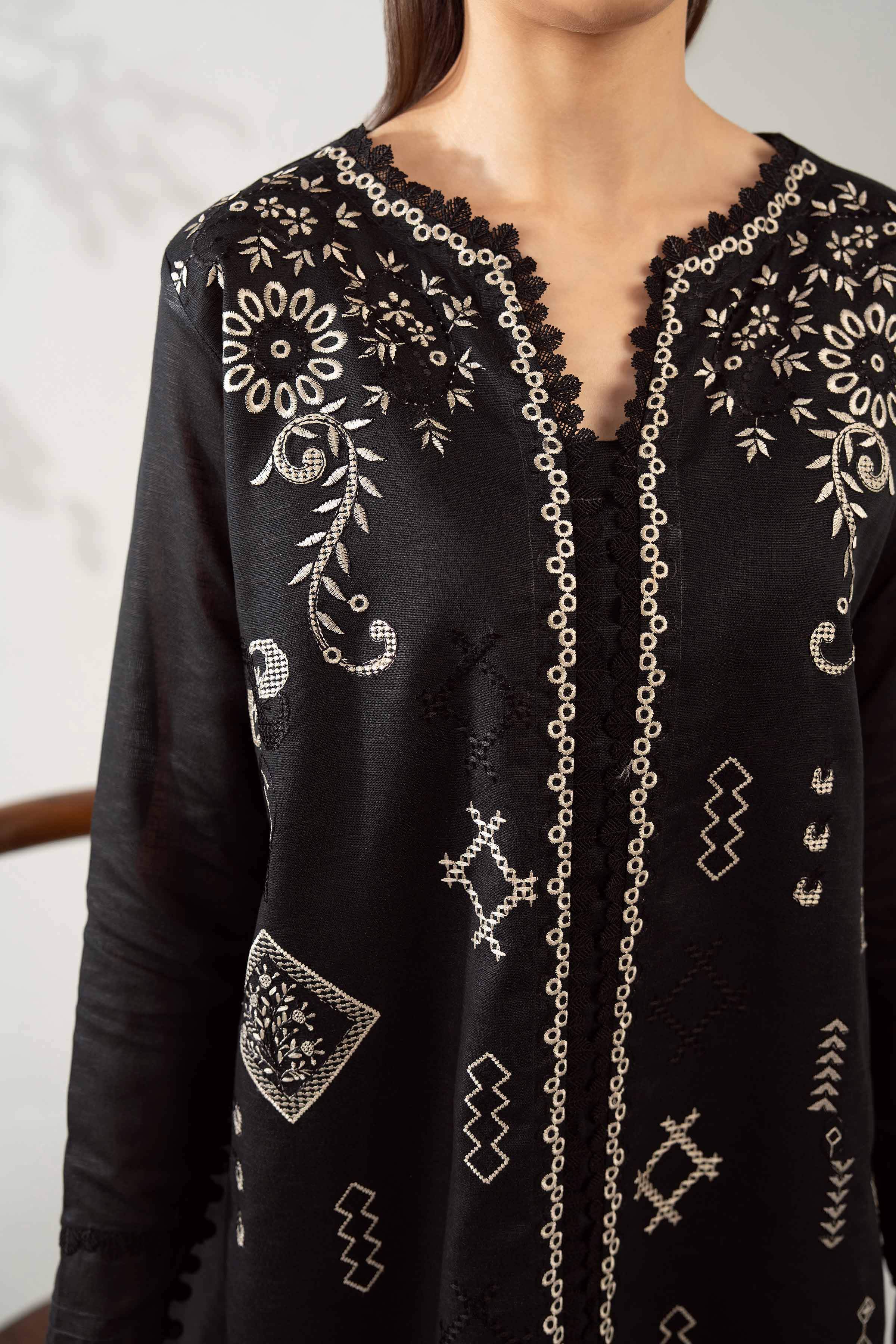 NISHATUAE - Black Embroidered Khaddar 3-piece Unstitched Suit