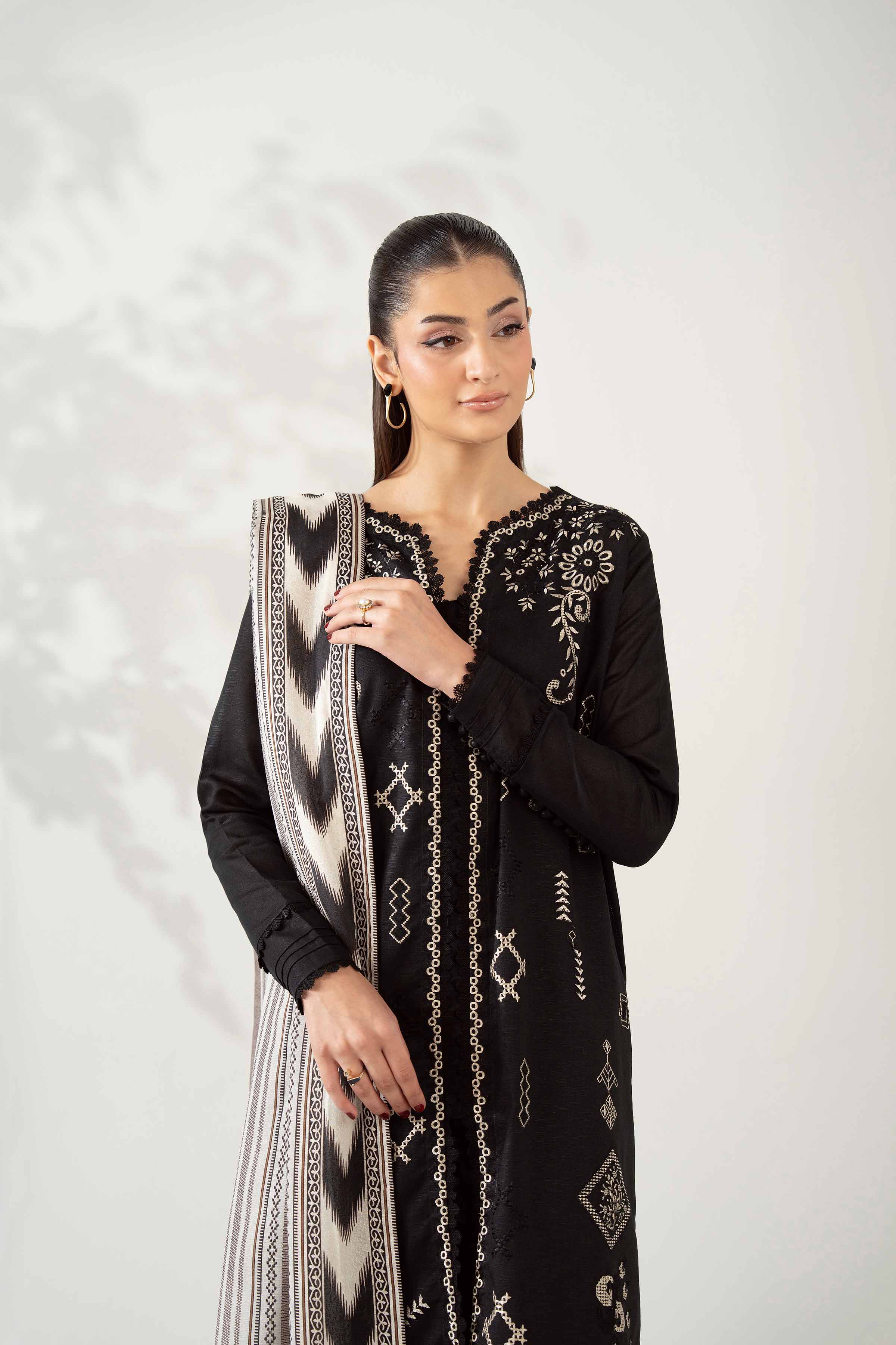 NISHATUAE - Black Embroidered Khaddar 3-piece Unstitched Suit