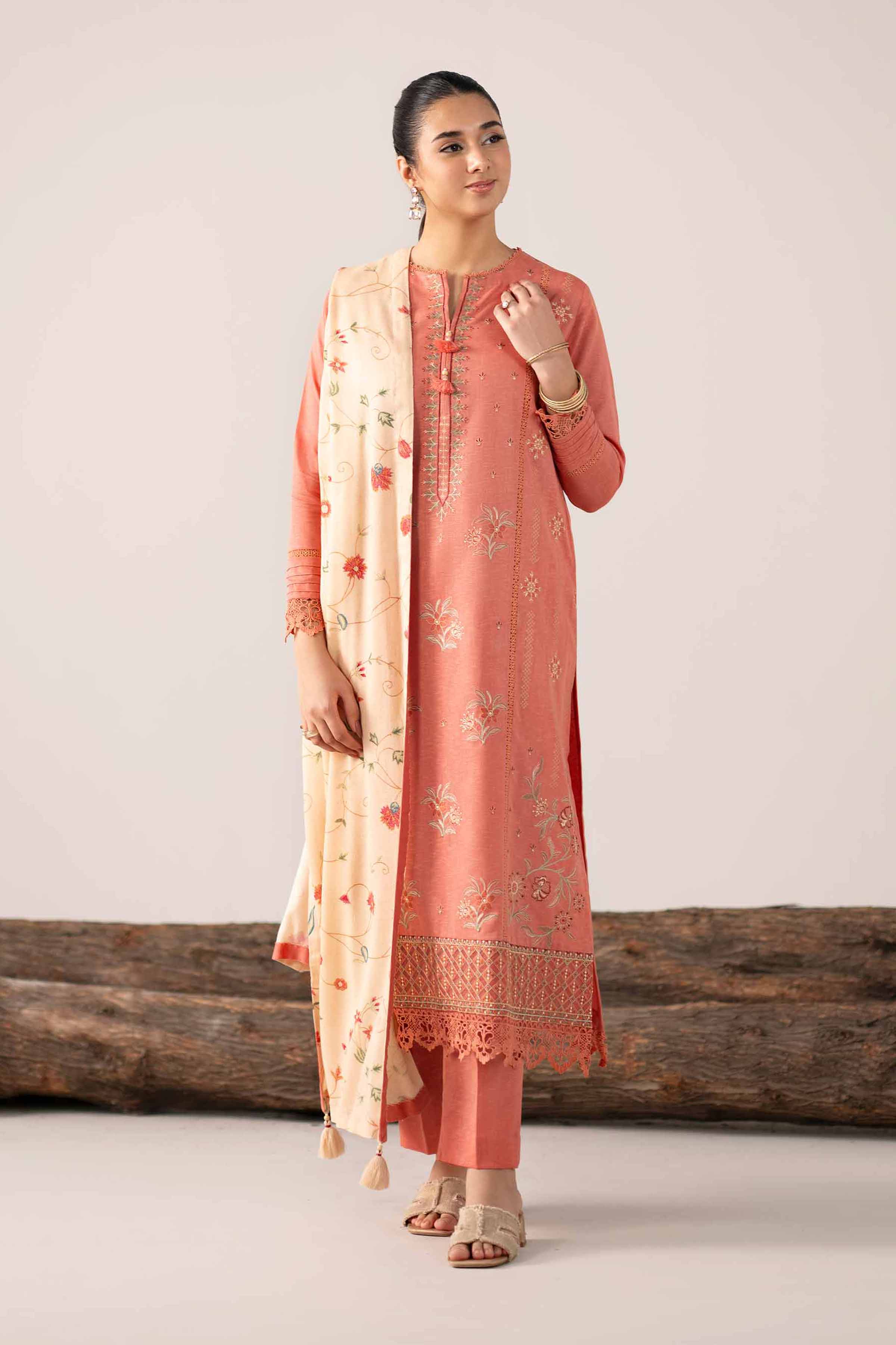 NishatUAE - Pink Embroidered Karandi 3-piece Unstitched Suit