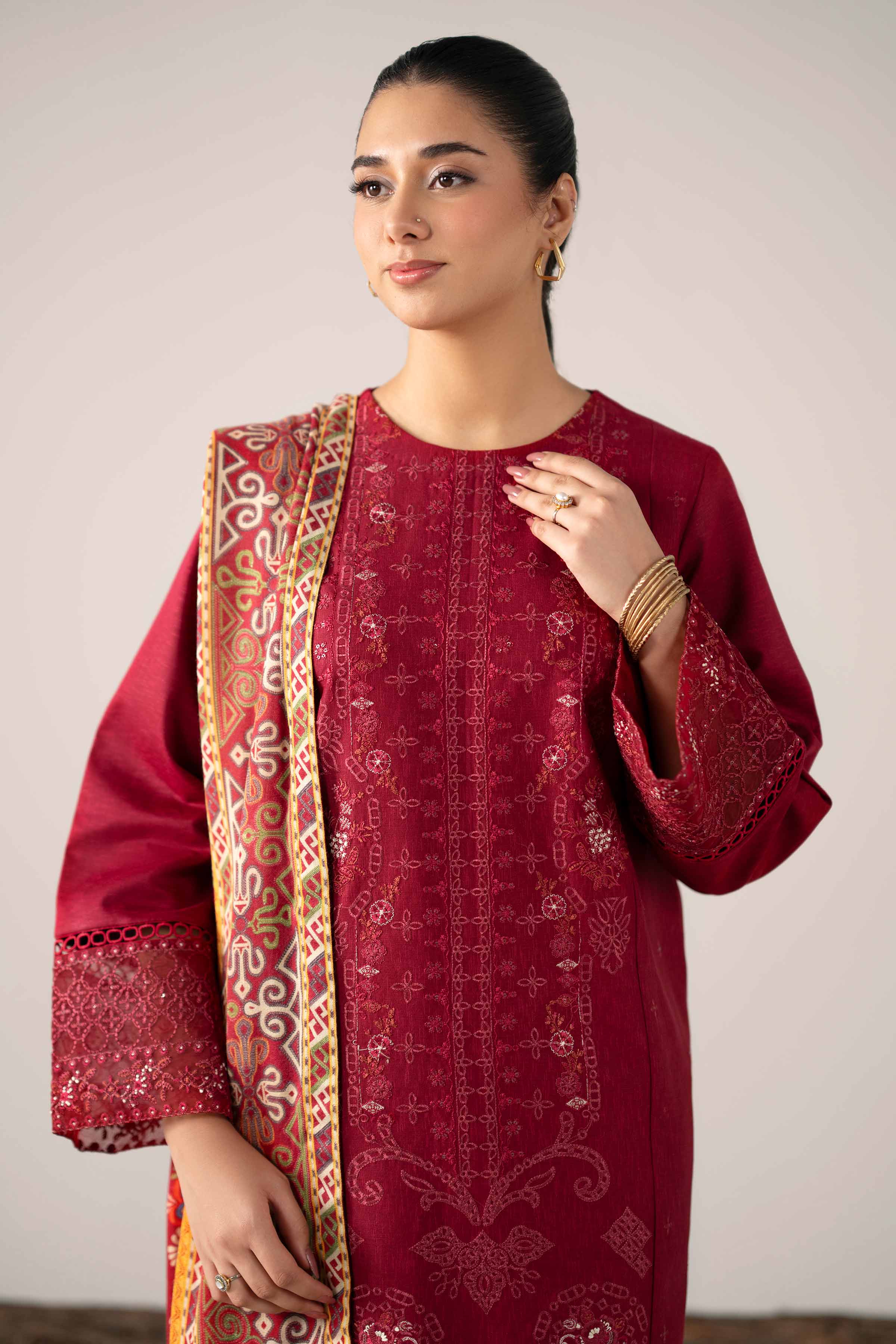 NishatUAE - Maroon Embroidered Karandi 3-piece Unstitched Suit