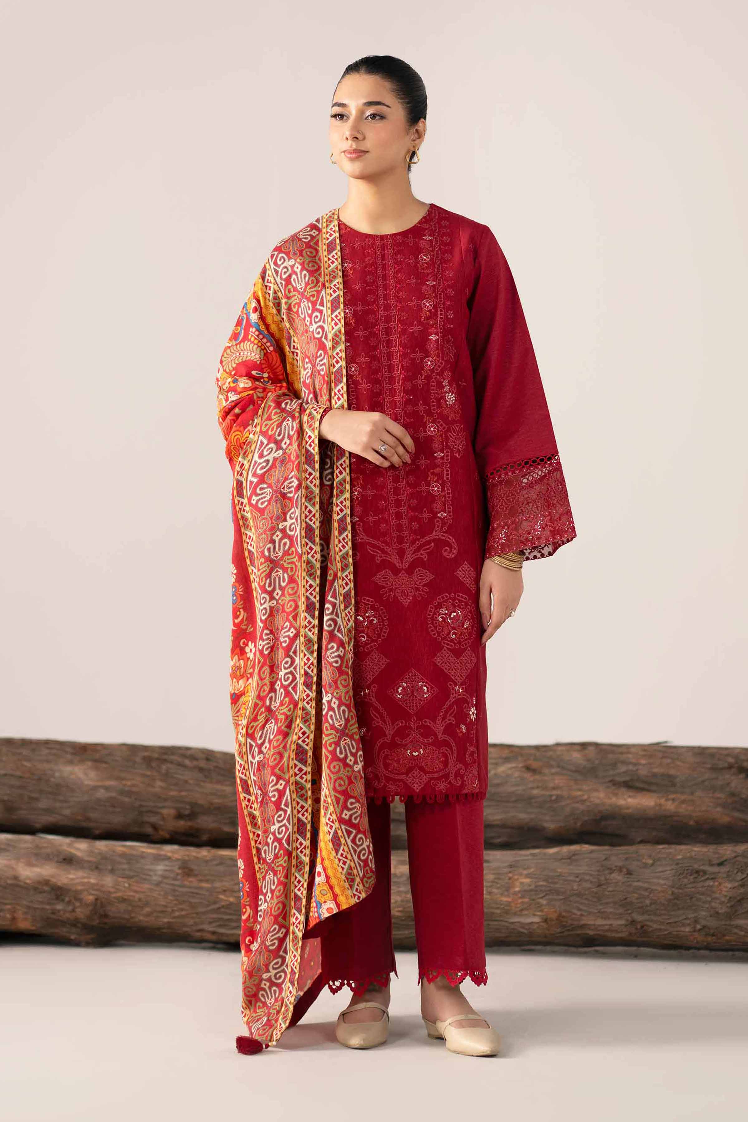 NishatUAE - Maroon Embroidered Karandi 3-piece Unstitched Suit