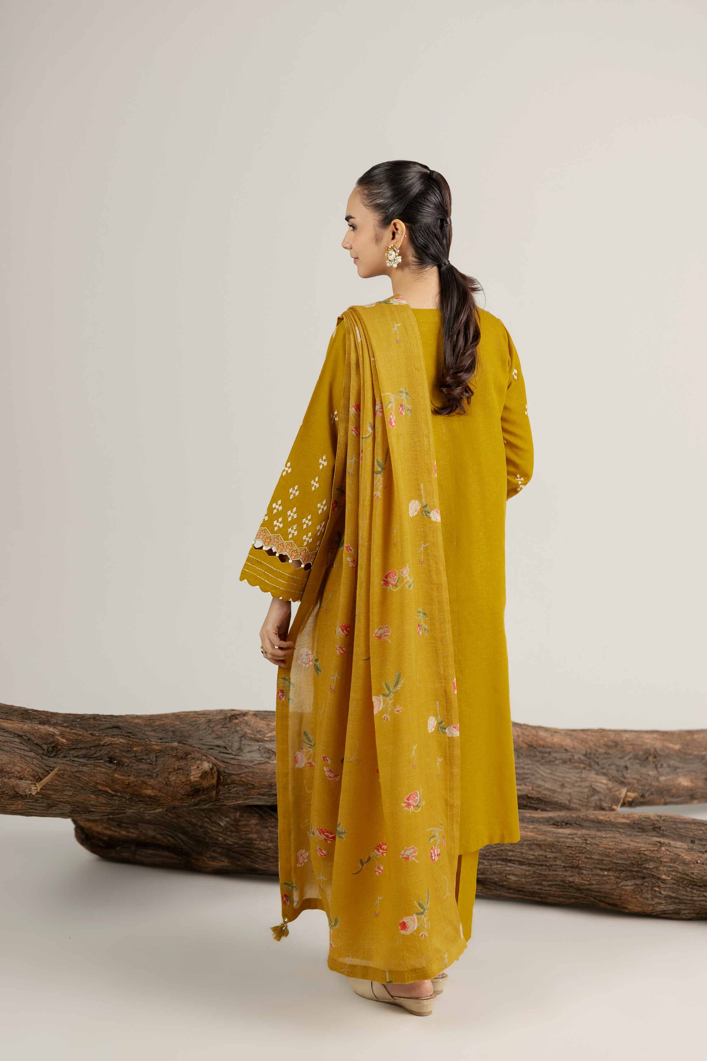NishatUAE - Yellow Embroidered Karandi 3-piece Unstitched Suit