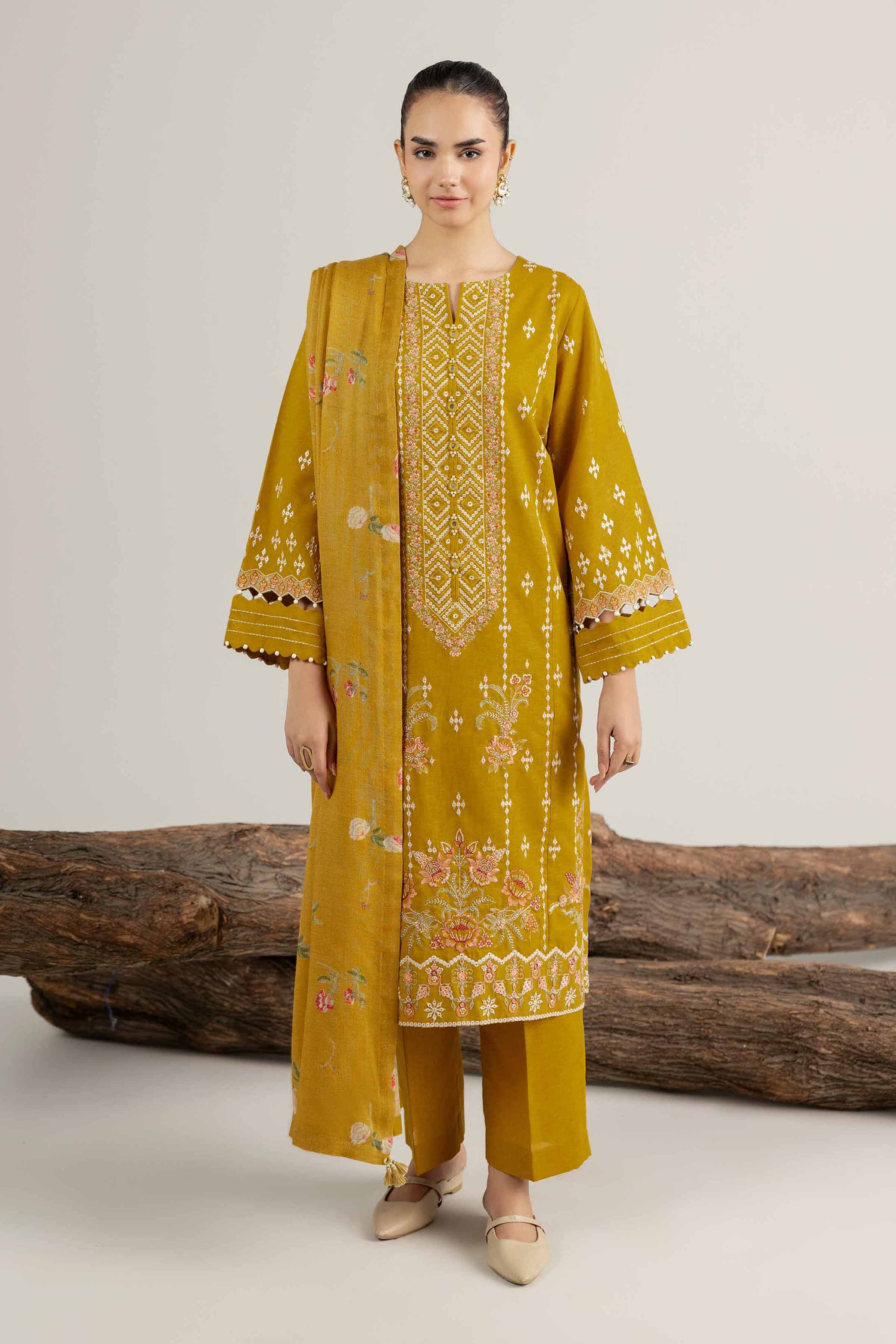 NishatUAE - Yellow Embroidered Karandi 3-piece Unstitched Suit