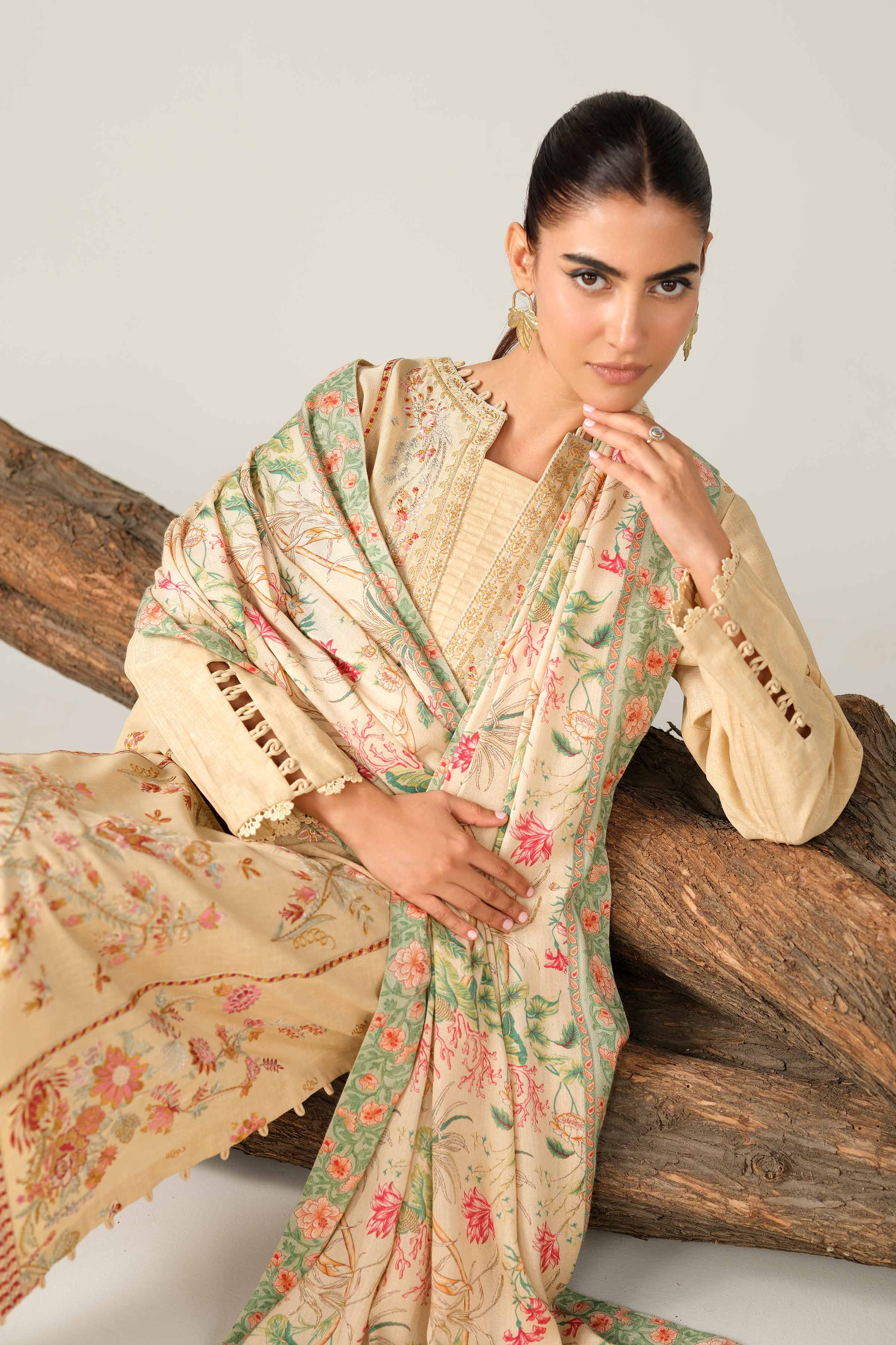 NishatUAE - Beige Embroidered Karandi 3-piece Unstitched Suit