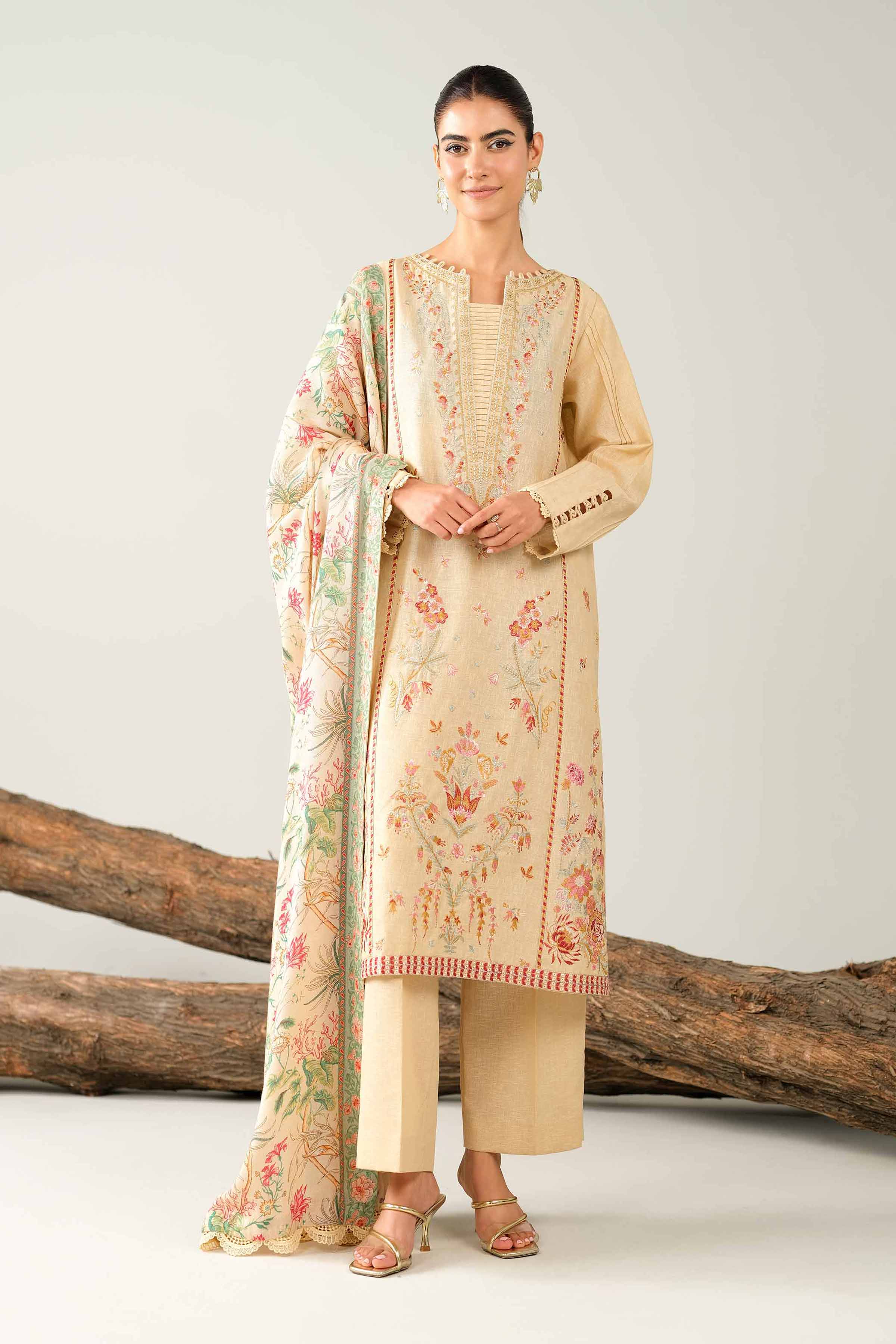 NishatUAE - Beige Embroidered Karandi 3-piece Unstitched Suit