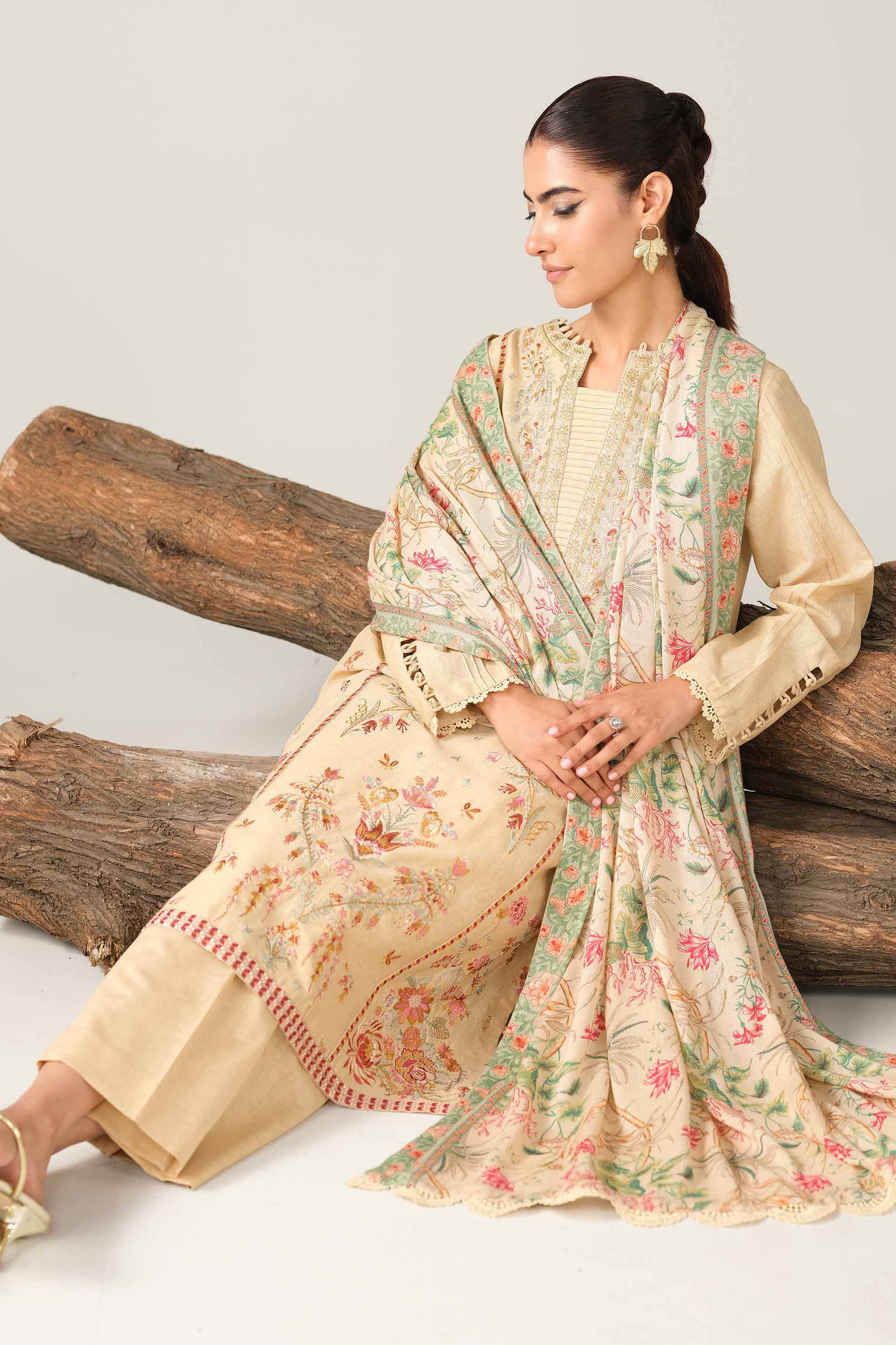 NishatUAE - Beige Embroidered Karandi 3-piece Unstitched Suit