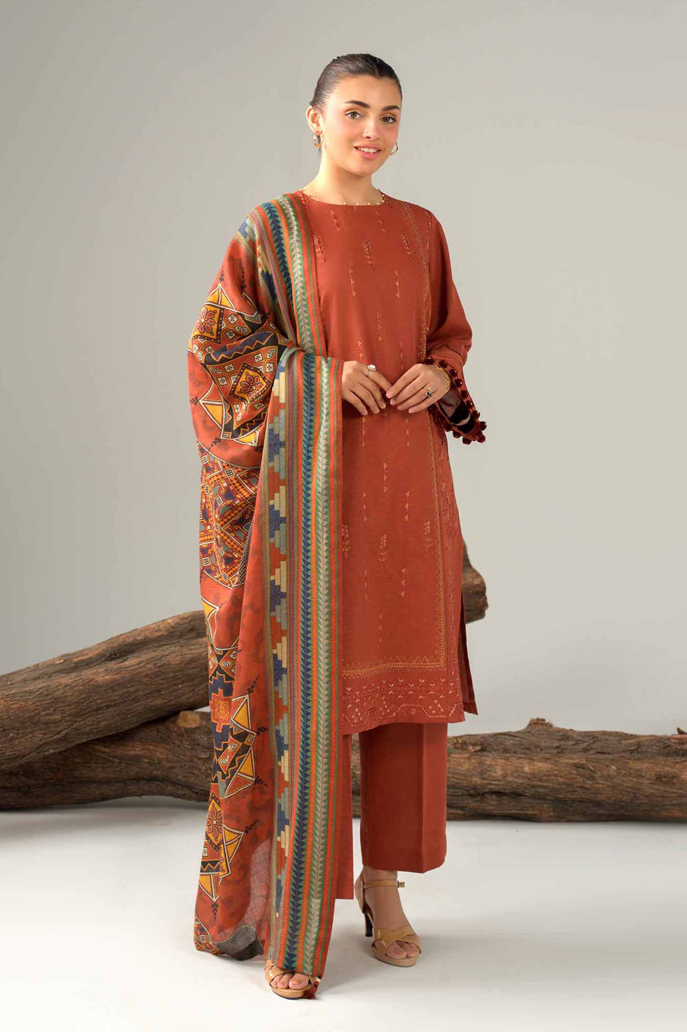 NishatUAE - Orange Embroidered Karandi 3-piece Unstitched Suit