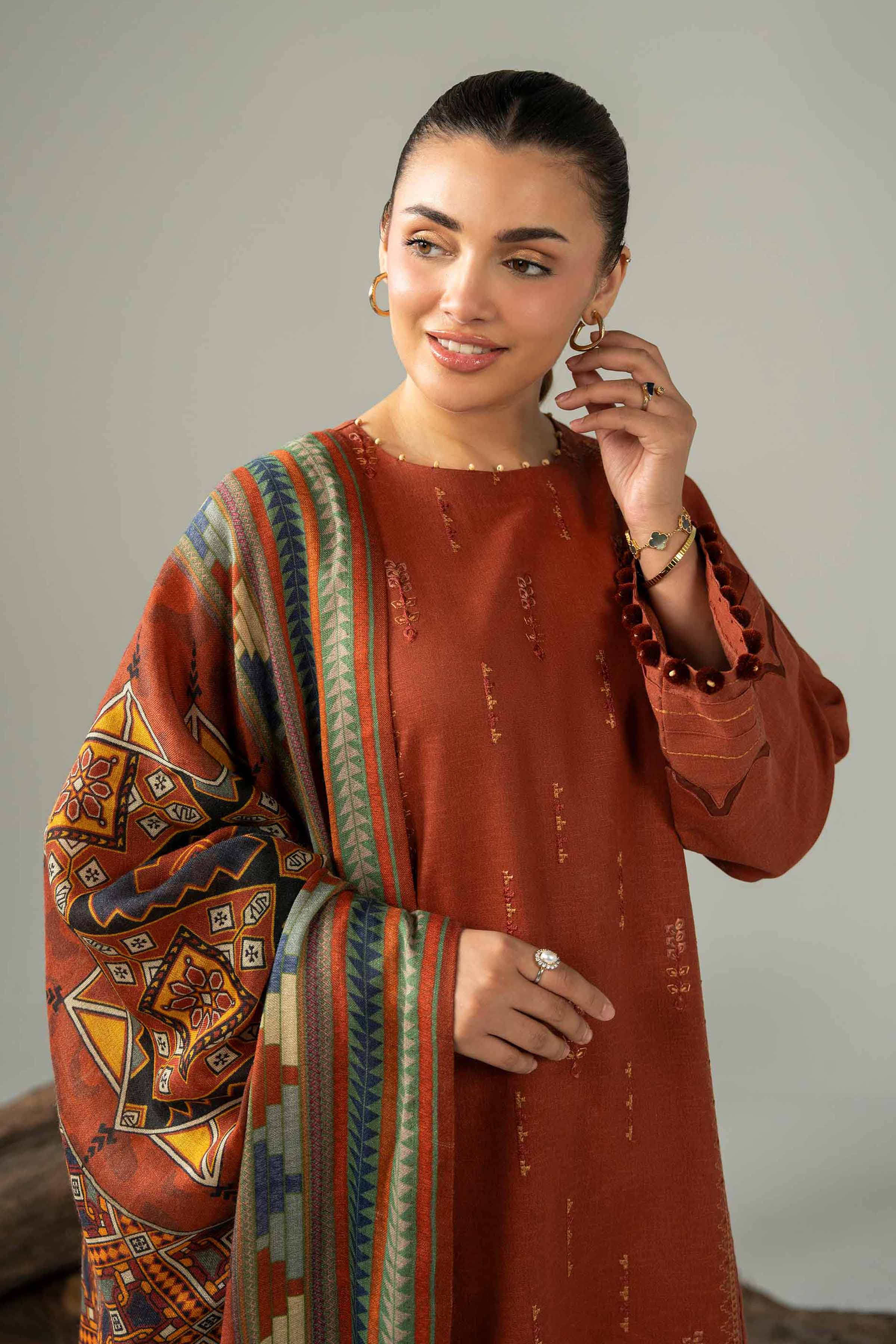 NishatUAE - Orange Embroidered Karandi 3-piece Unstitched Suit