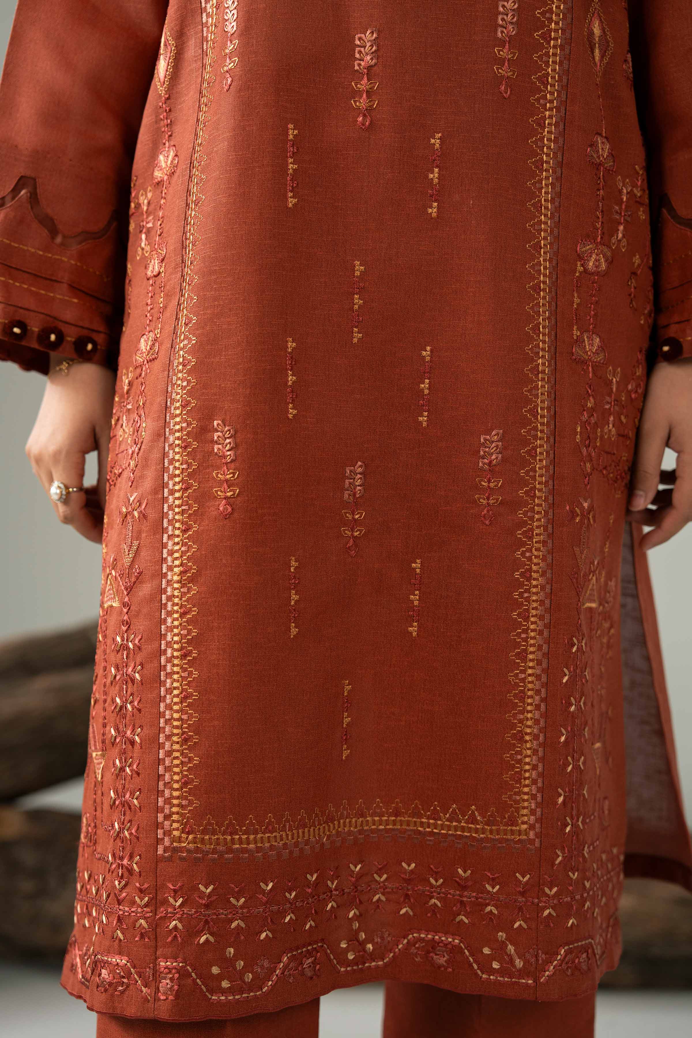 NishatUAE - Orange Embroidered Karandi 3-piece Unstitched Suit