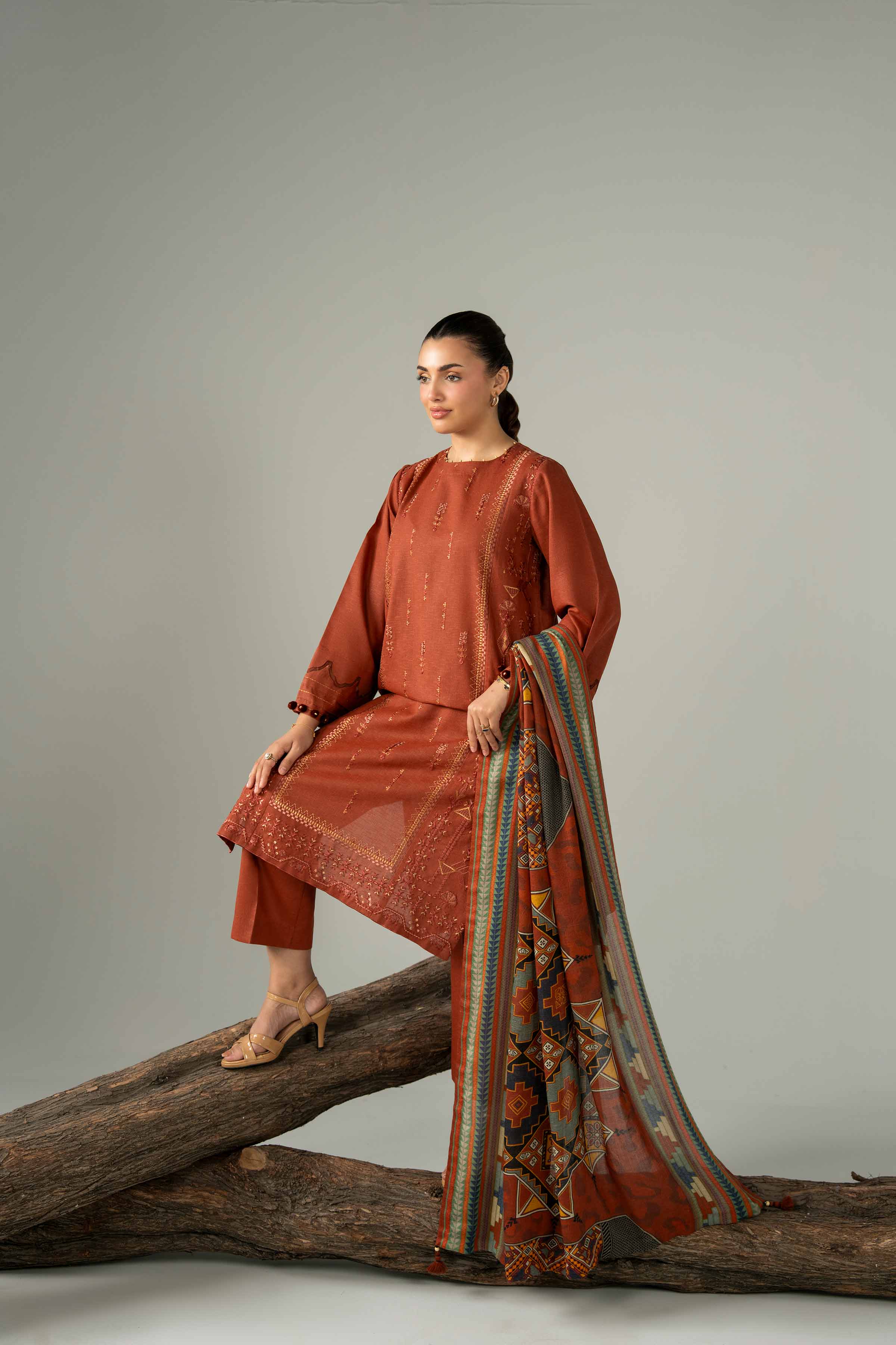 NishatUAE - Orange Embroidered Karandi 3-piece Unstitched Suit