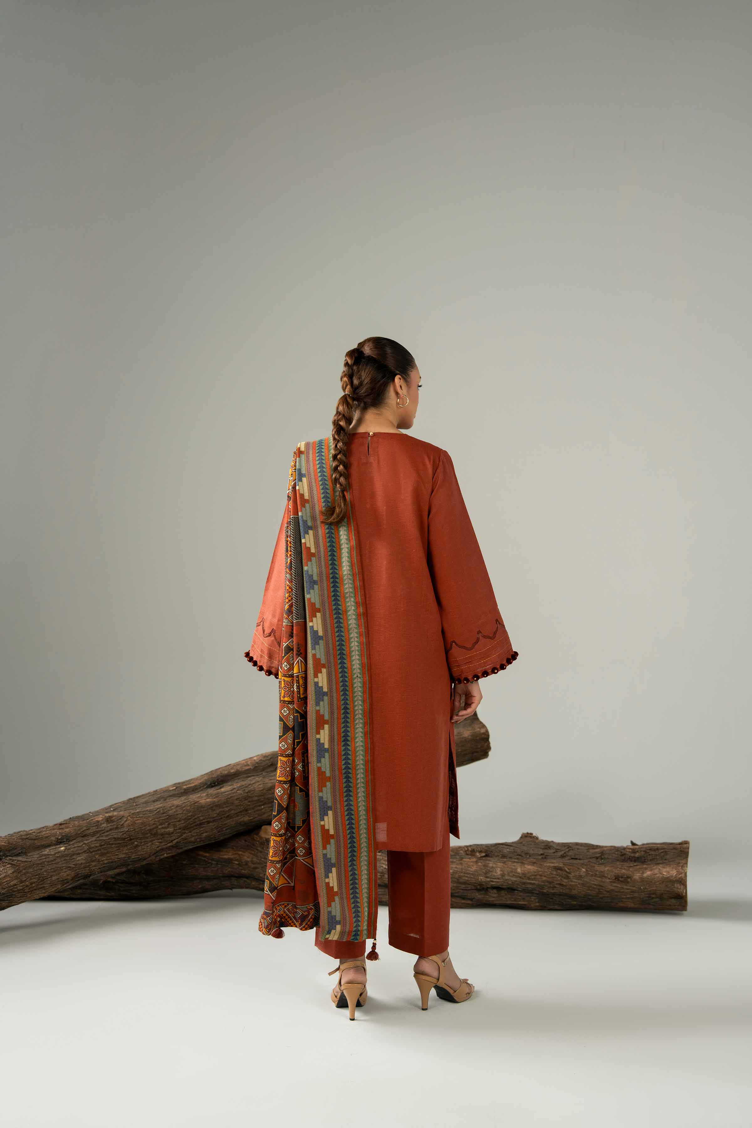 NishatUAE - Orange Embroidered Karandi 3-piece Unstitched Suit