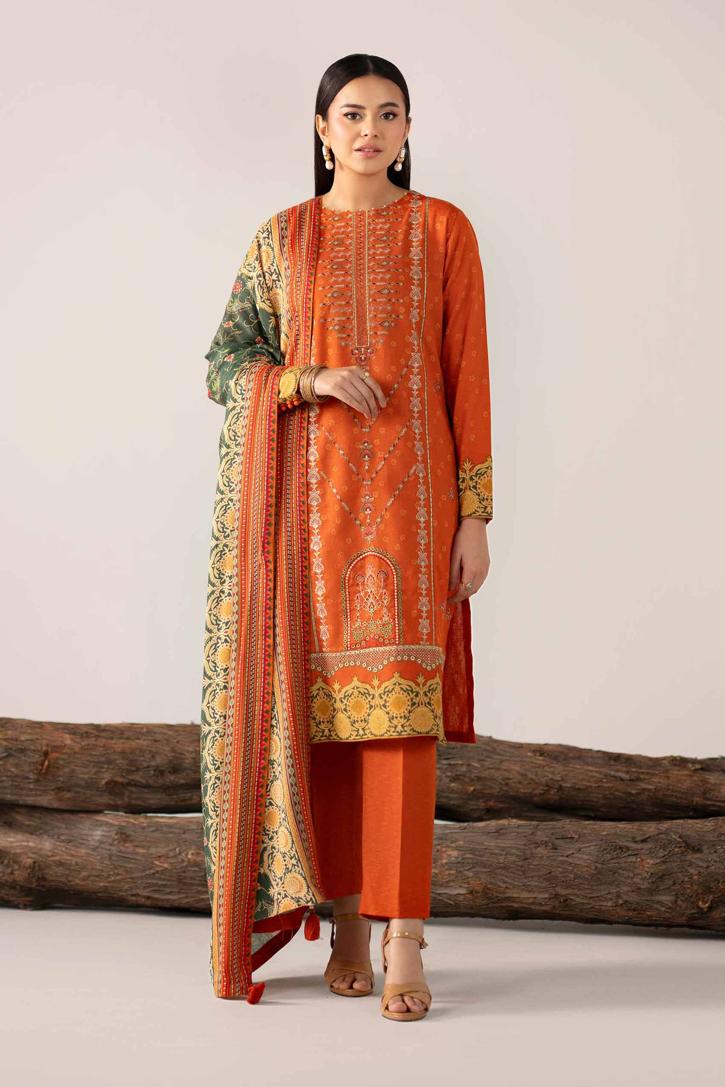 NishatUAE - Rust & Bottle Green Embroidered Karandi 3-piece Unstitched Suit