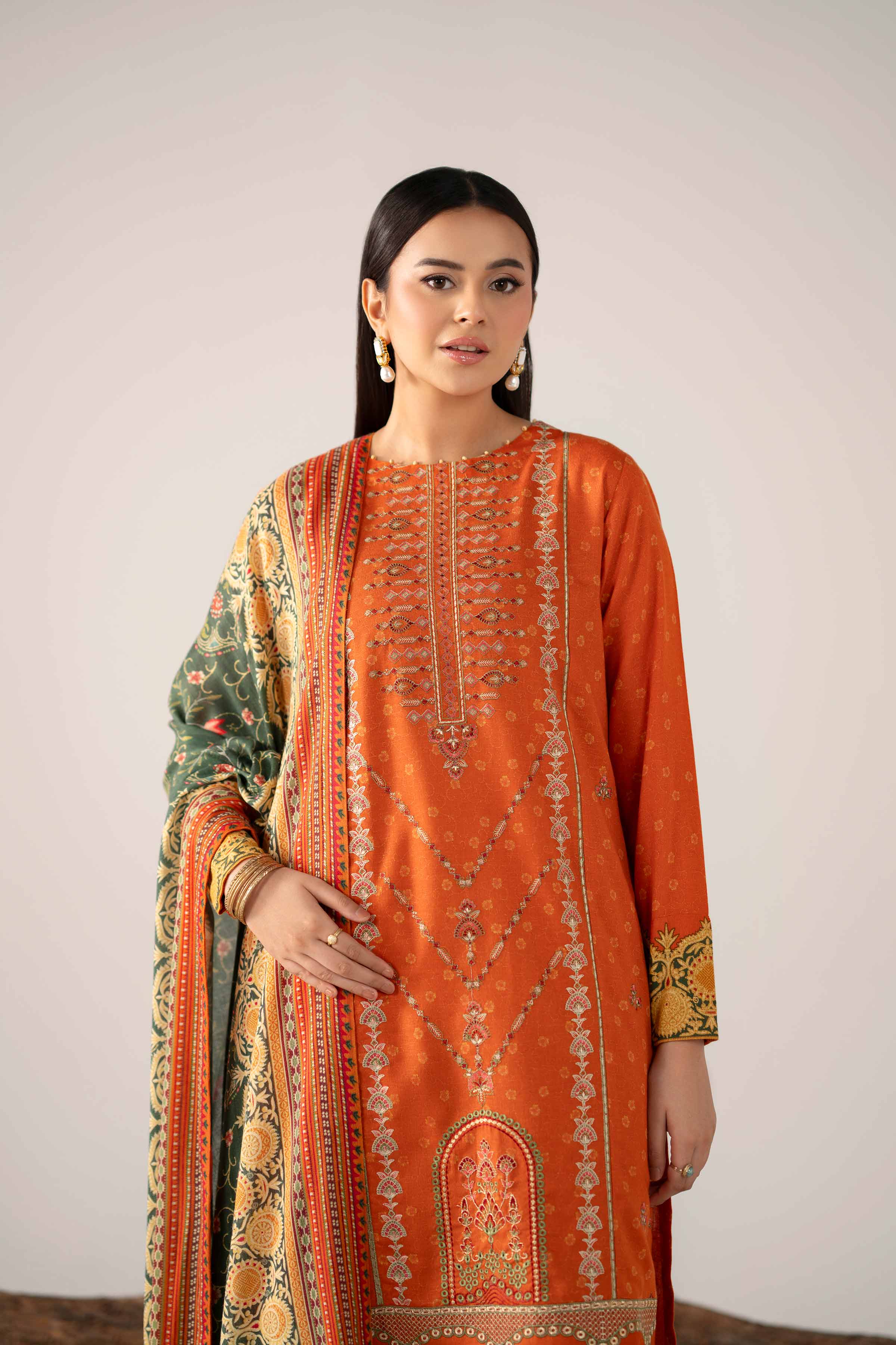 NishatUAE - Rust & Bottle Green Embroidered Karandi 3-piece Unstitched Suit