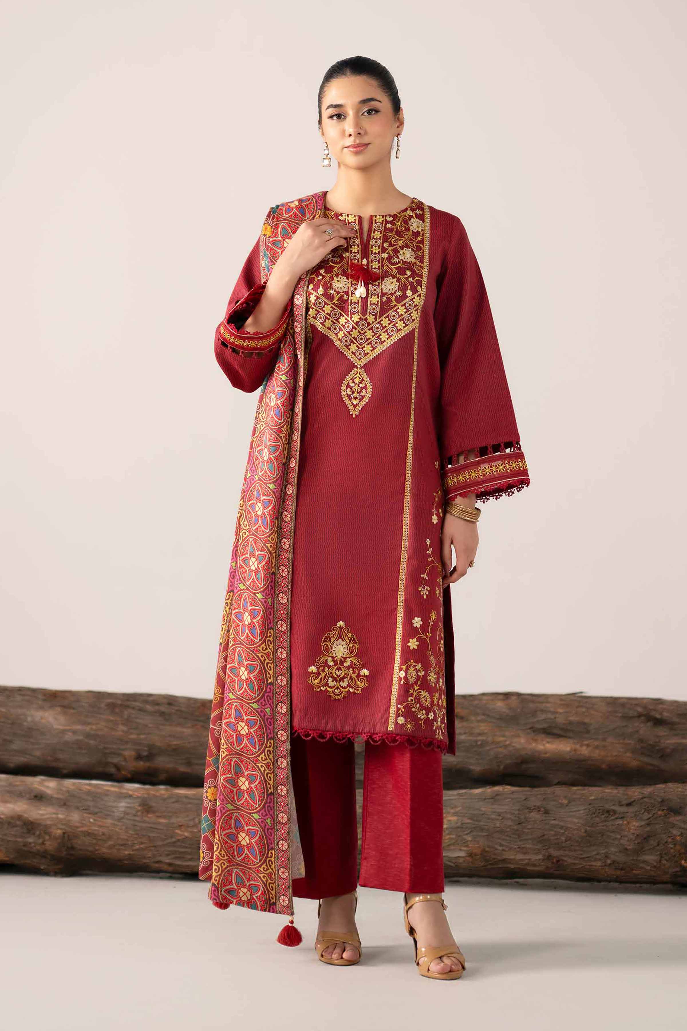 NishatUAE - Multi & Bright Red Embroidered Karandi 3-piece Unstitched Suit