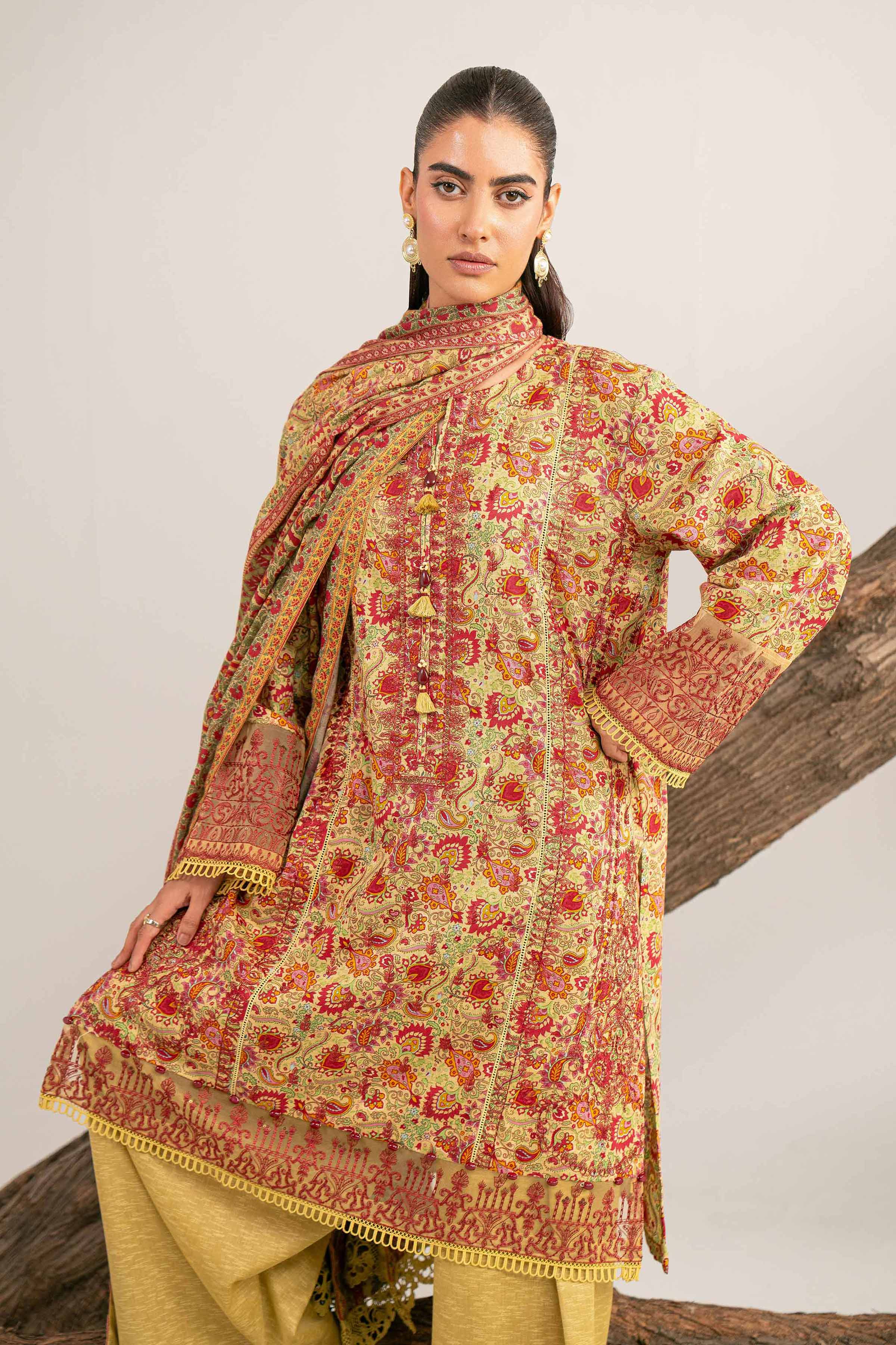 NishatUAE - Green & Rust Embroidered Karandi 3-piece Unstitched Suit