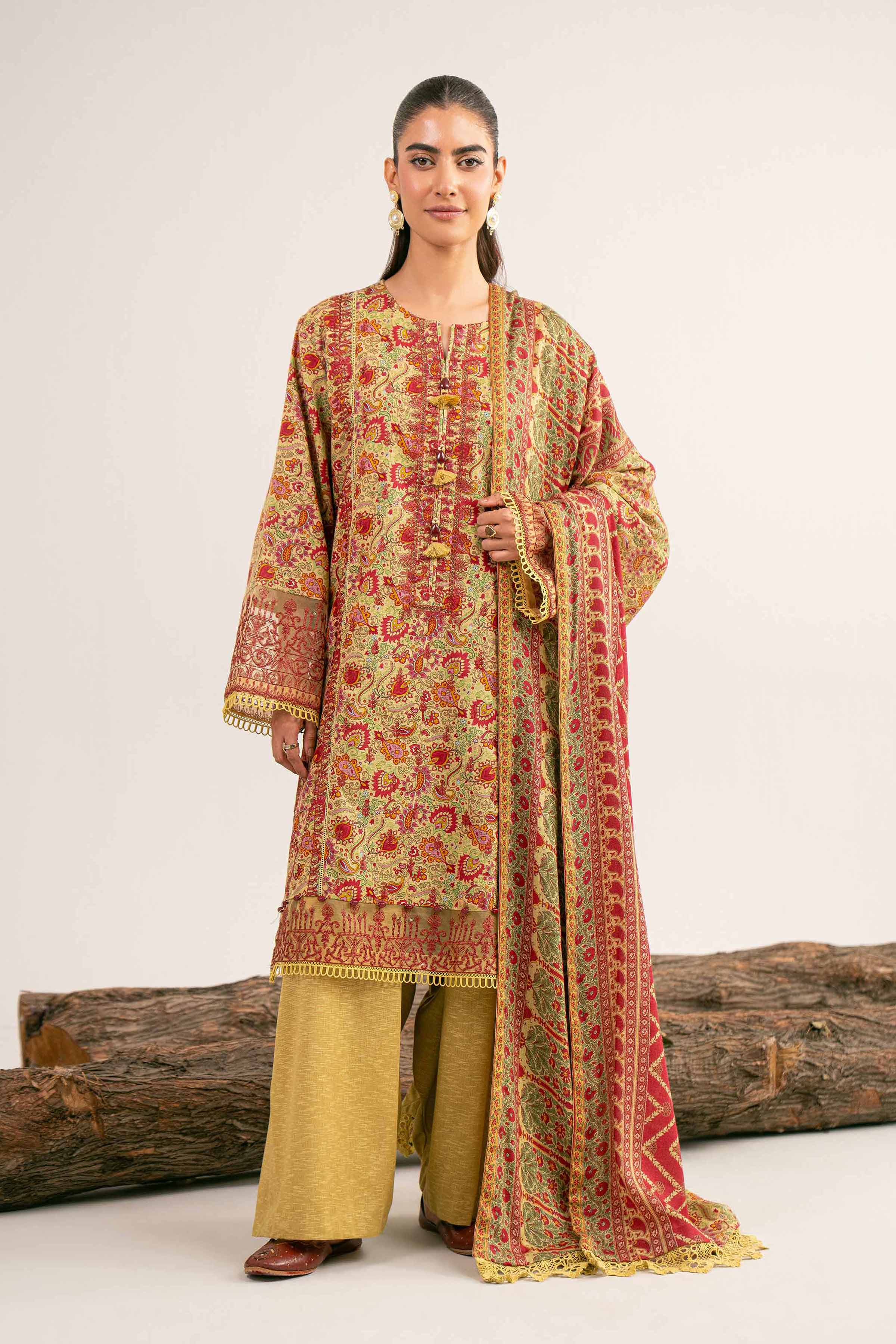 NishatUAE - Green & Rust Embroidered Karandi 3-piece Unstitched Suit