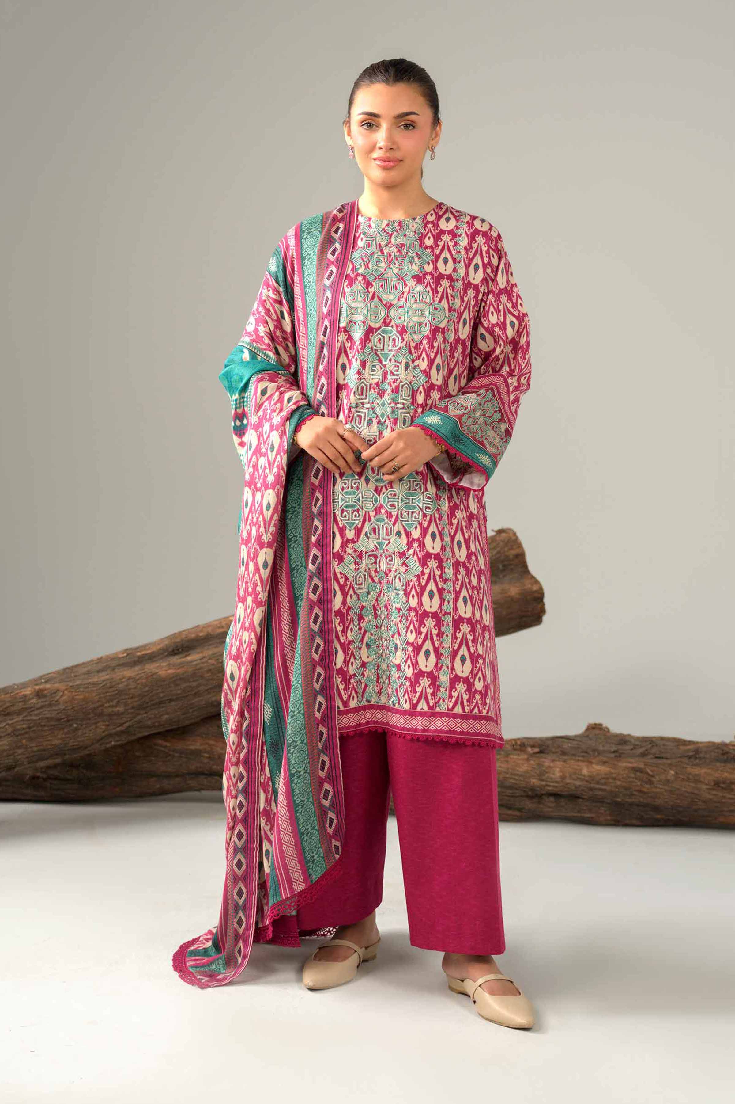 NishatUAE - Burgundy & Beige Embroidered Karandi 3-piece Unstitched Suit